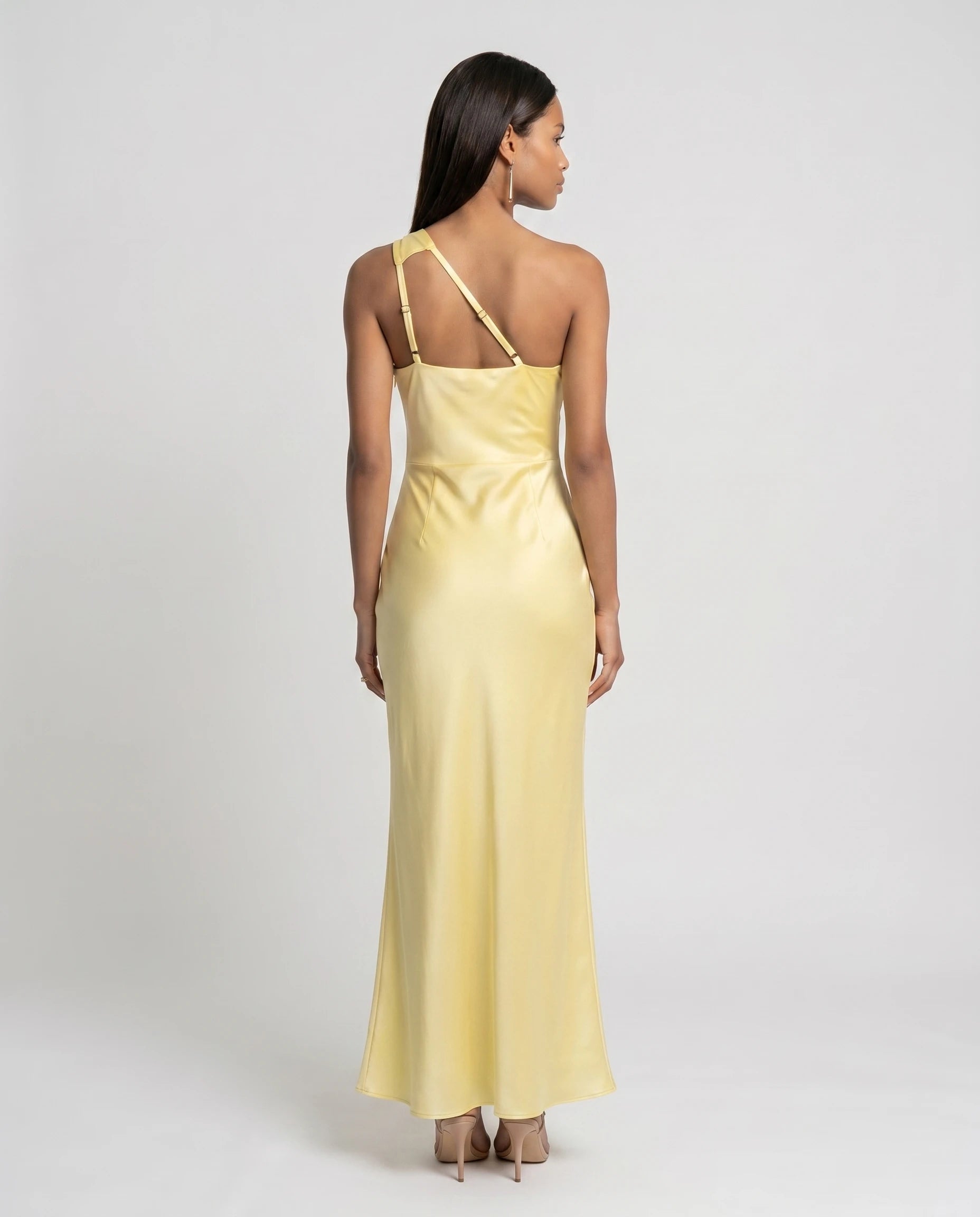 Robe longue en satin une epaule - Jaune Citron - Ines
