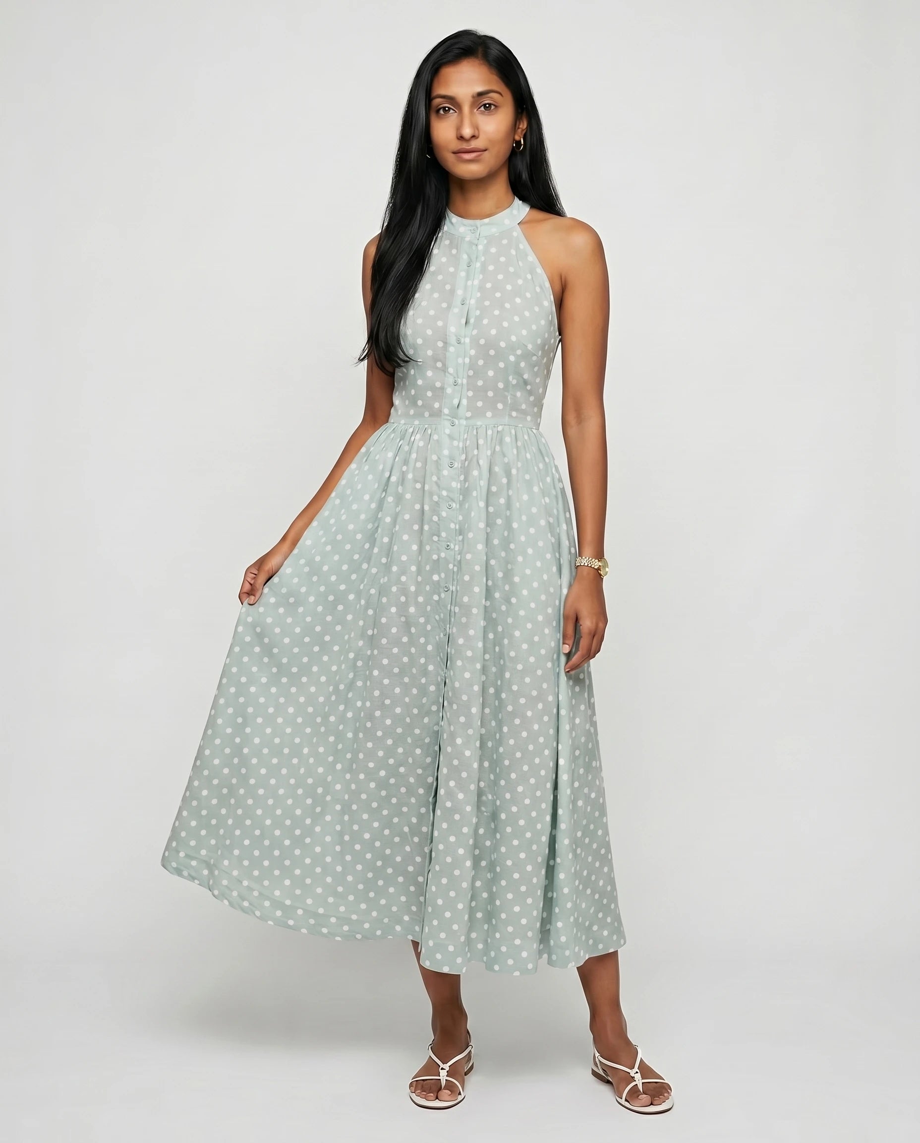 Robe midi à pois Vert Pistache — Madeleine — trois-quart mouvement jupe cercle