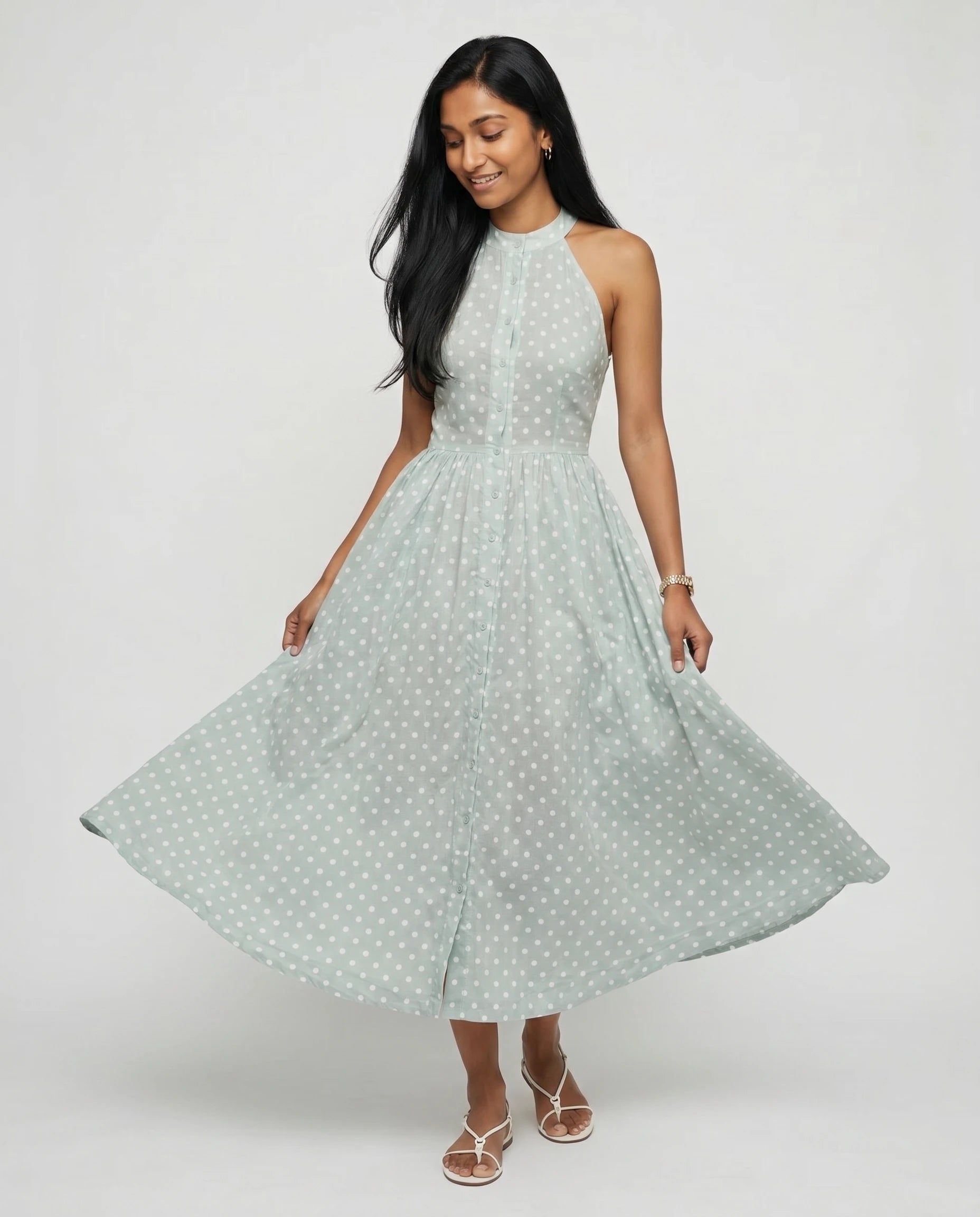 Robe midi à pois Vert Pistache — Madeleine — twirl jupe cercle pleinement déployée
