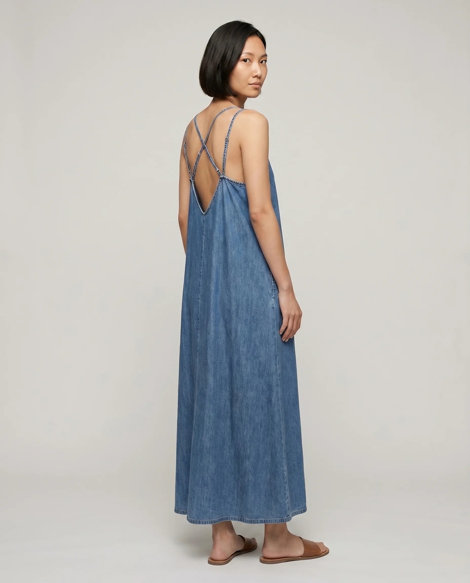 Robe longue en jean bleu denim — Margot, vue de dos
