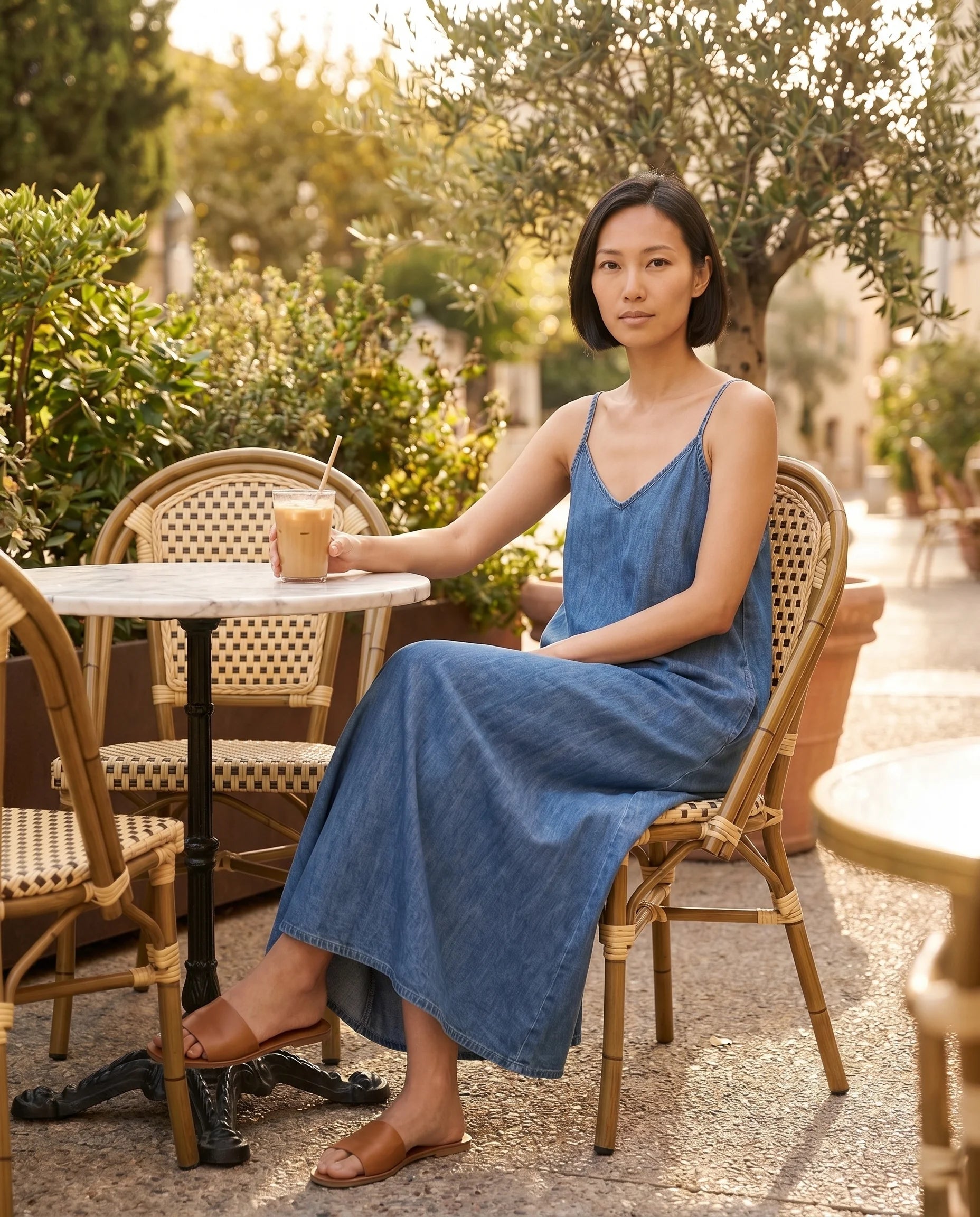 Robe longue en jean bleu denim — Margot, lifestyle terrasse café