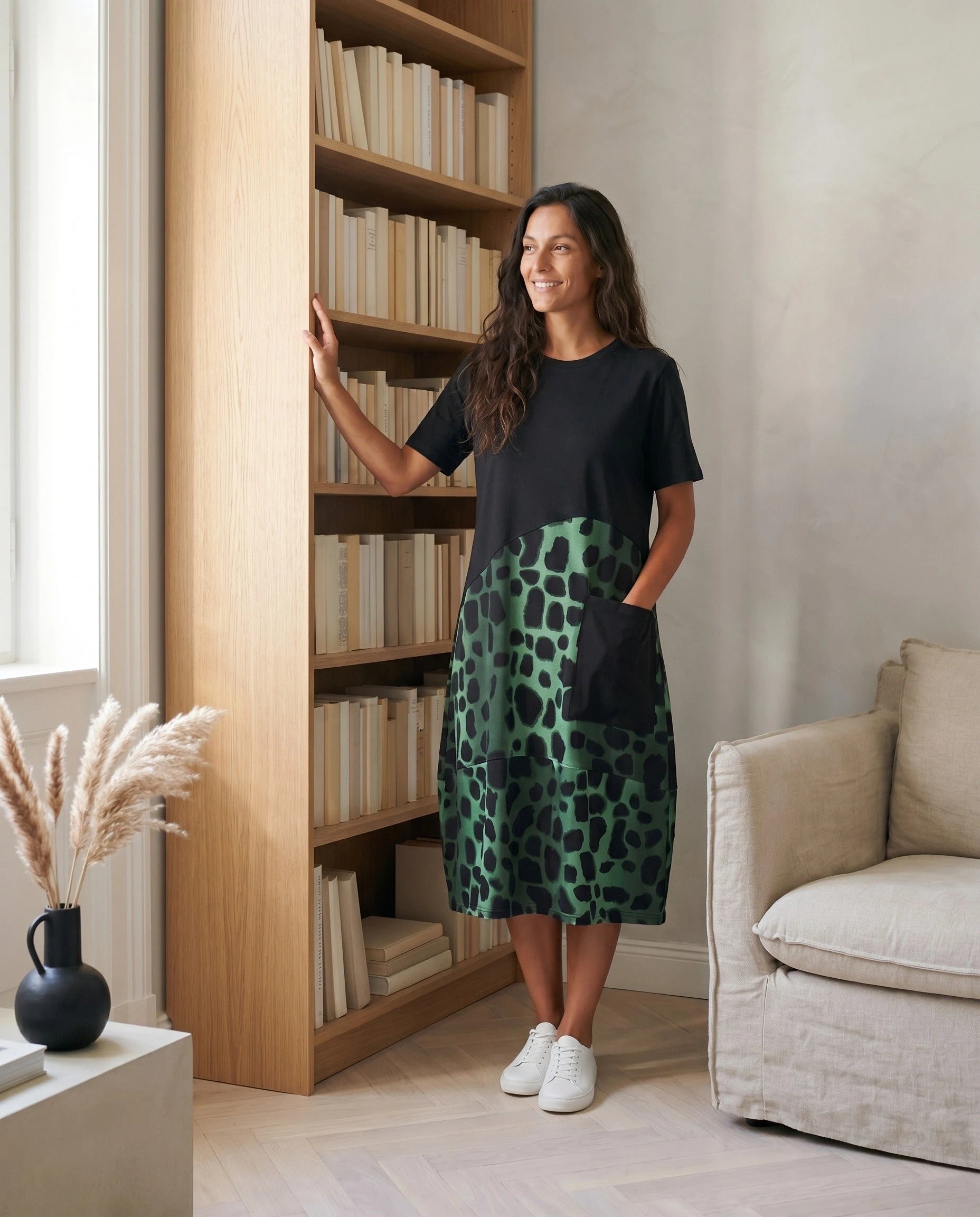 Robe T-shirt midi imprime animal vert foret lifestyle bibliotheque
