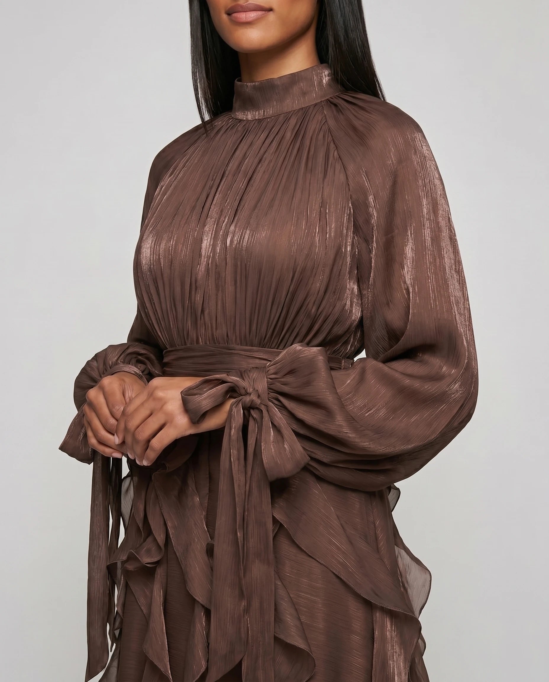 Robe de soiree col montant manches nouees detail marron chocolat