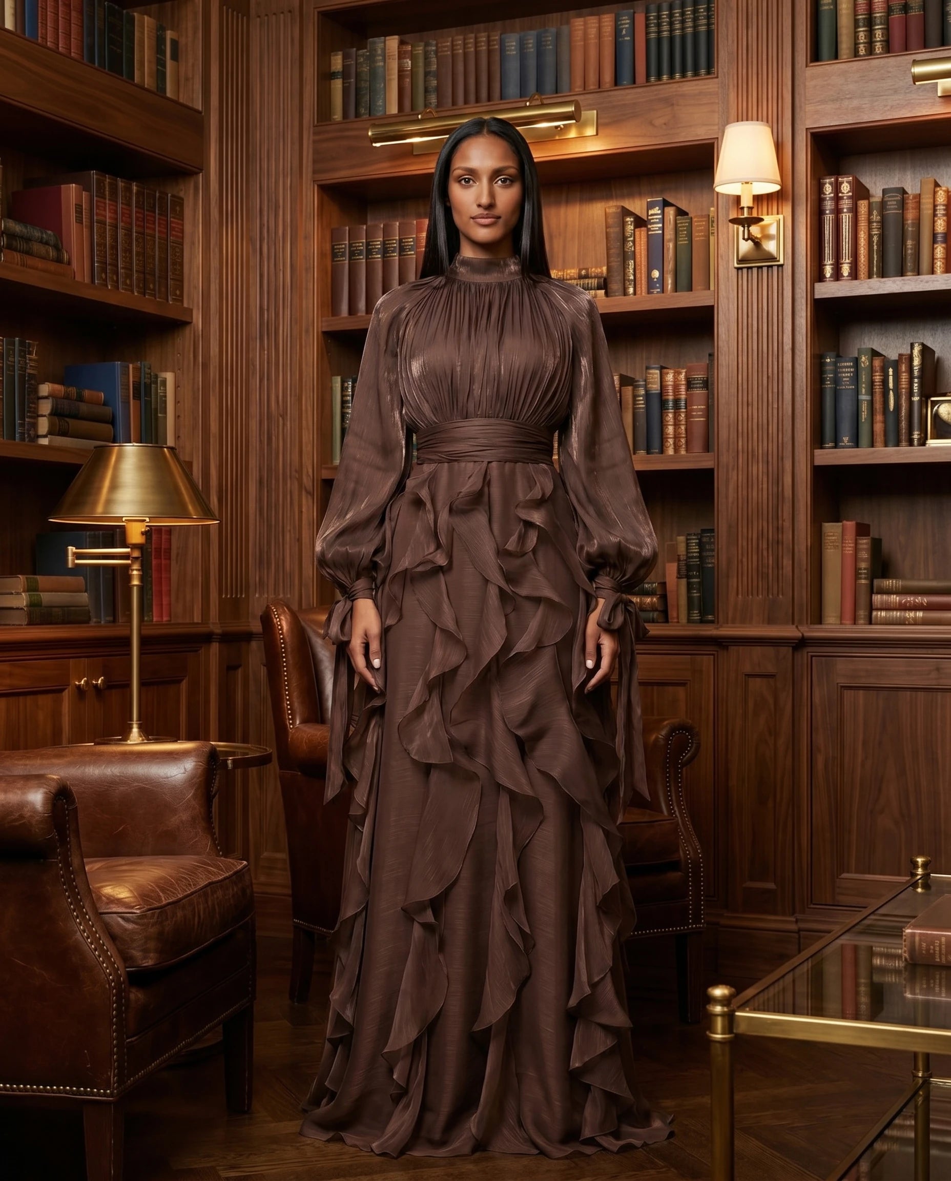 Robe de soiree longue a volants marron chocolat bibliotheque