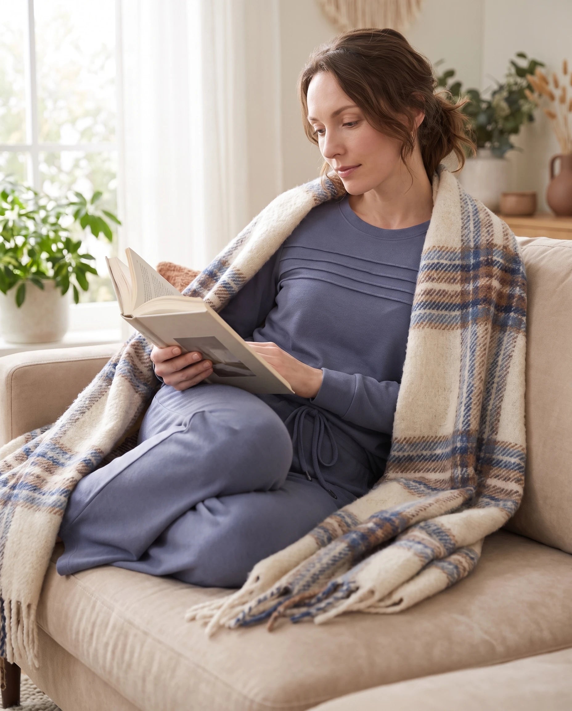 Ensemble haut col rond nervuré et pantalon large Maylis — Bleu — portée, lifestyle