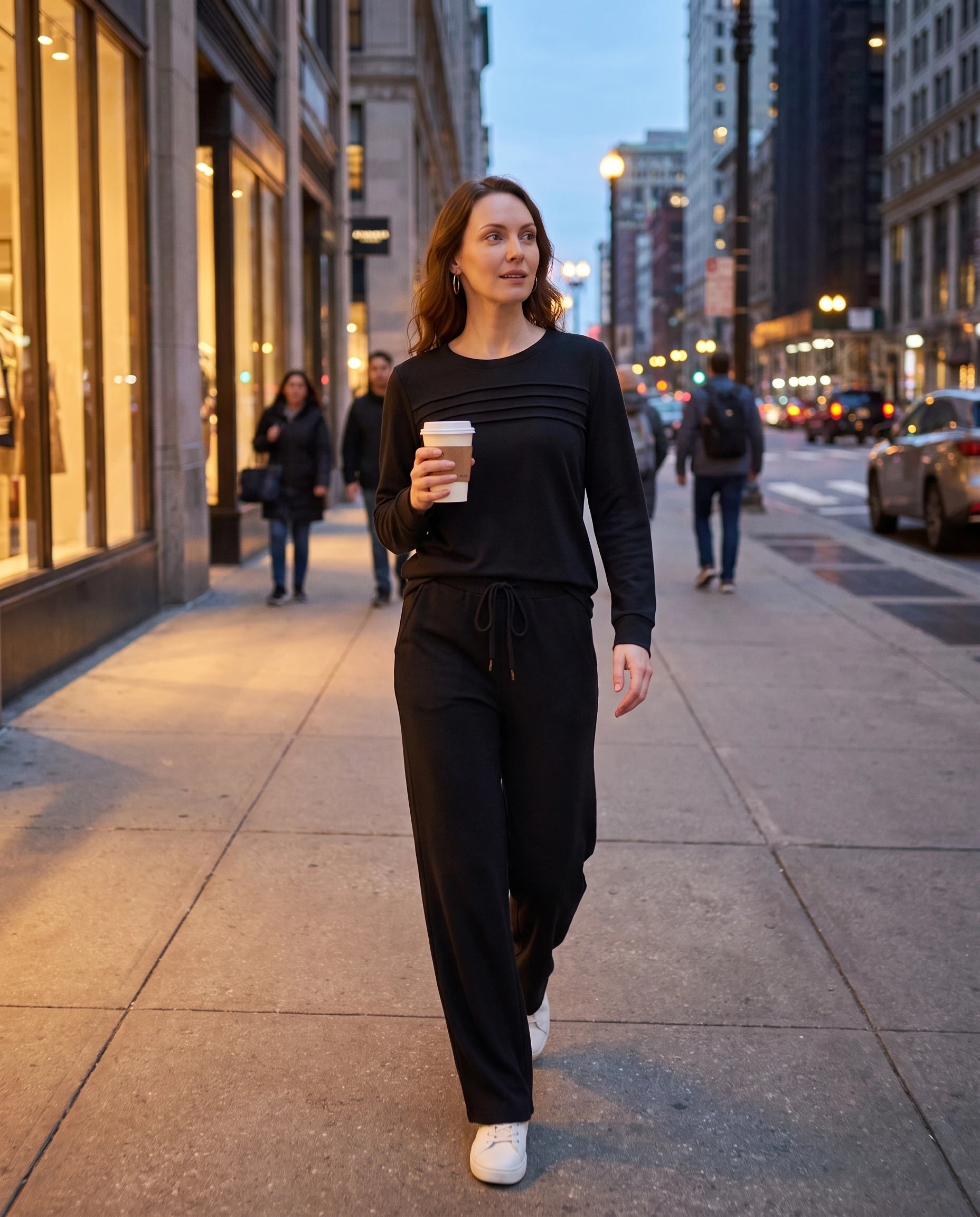 Ensemble haut col rond nervuré et pantalon large Maylis — Noir — portée, lifestyle 2