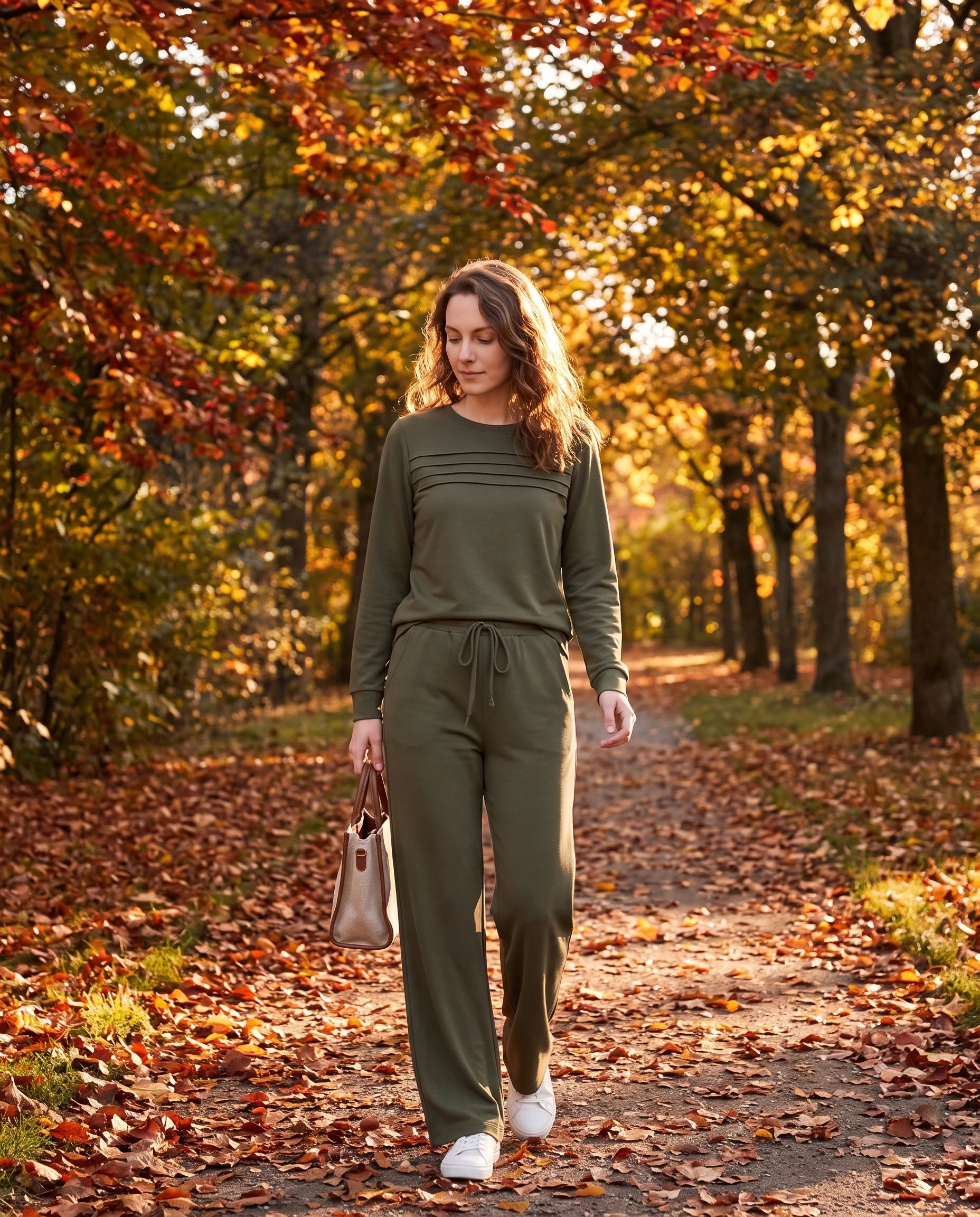 Ensemble haut col rond nervuré et pantalon large Maylis — Vert Olive — portée, lifestyle 2