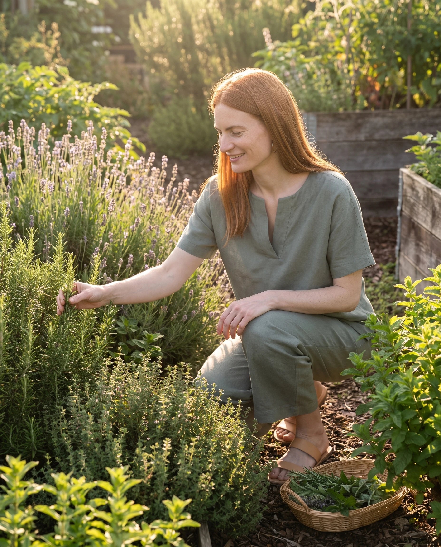 Ensemble tunique col V et pantalon 7/8 en coton-lin Ismérie — Vert Sauge — portée, lifestyle