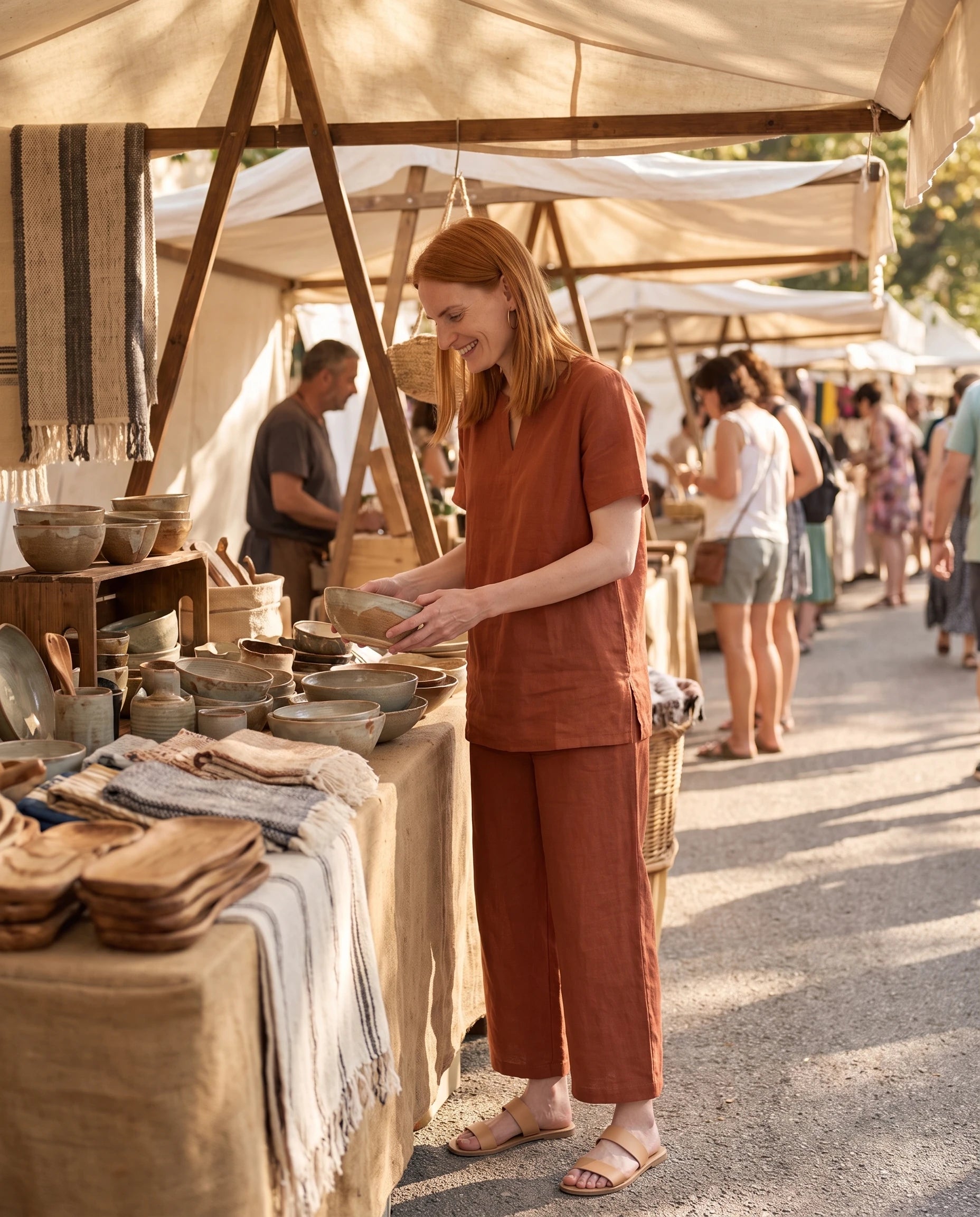 Ensemble tunique col V et pantalon 7/8 en coton-lin Ismérie — Terracotta — portée, lifestyle 2