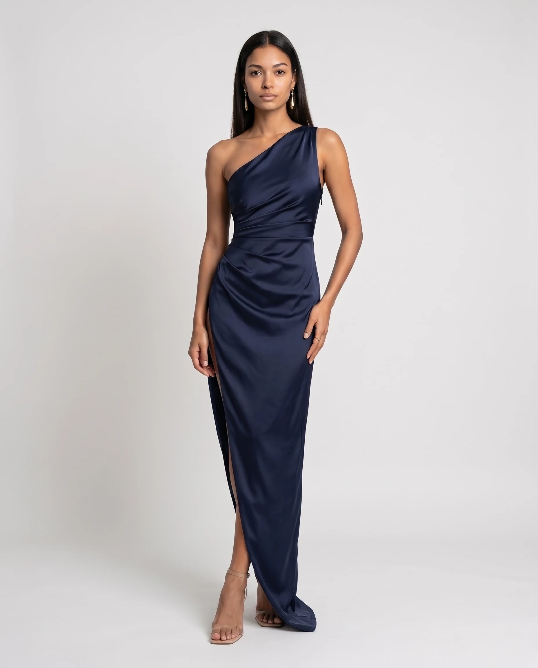 Robe longue en satin une epaule - Bleu Marine - Ines