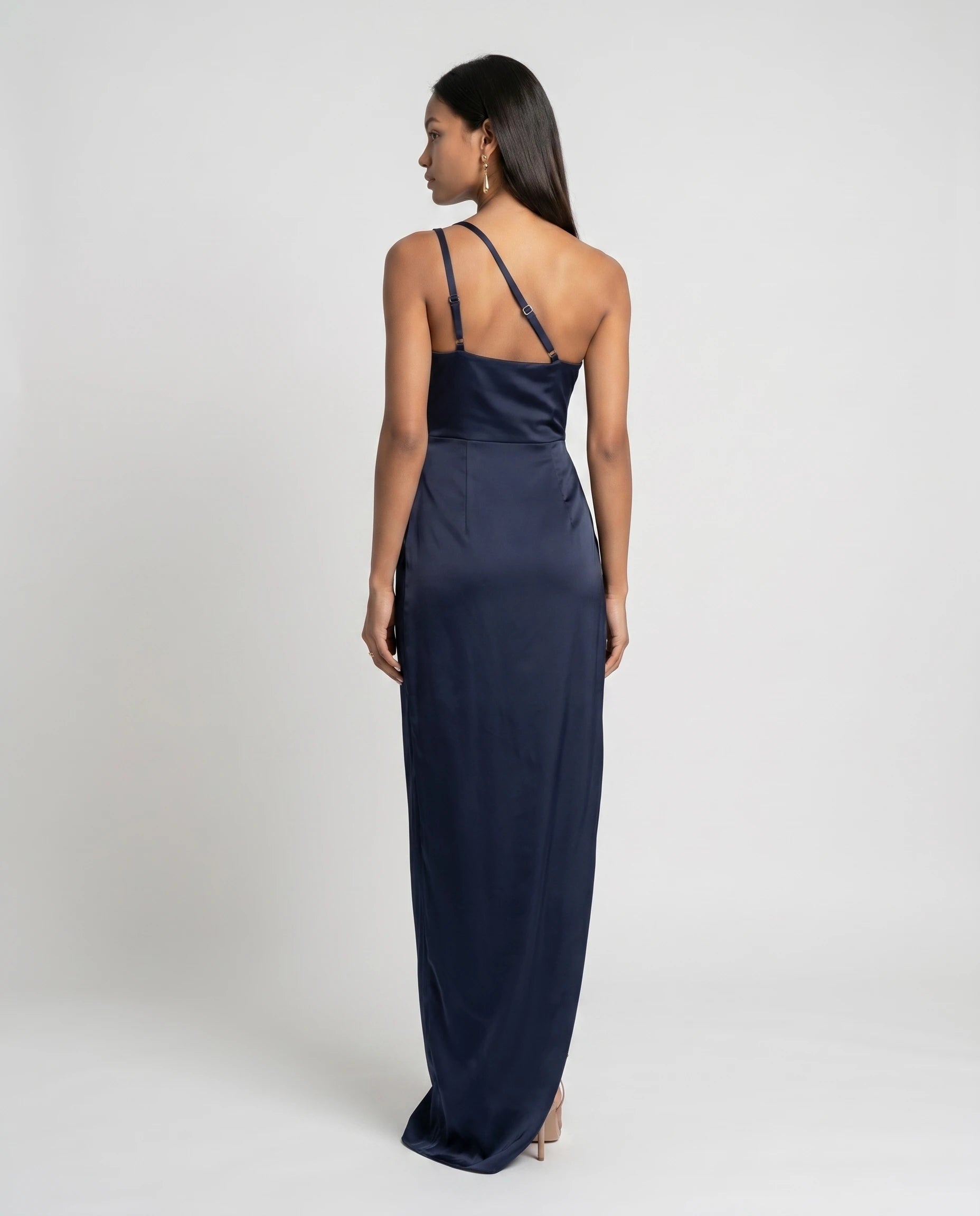 Robe longue en satin une epaule - Bleu Marine - Ines