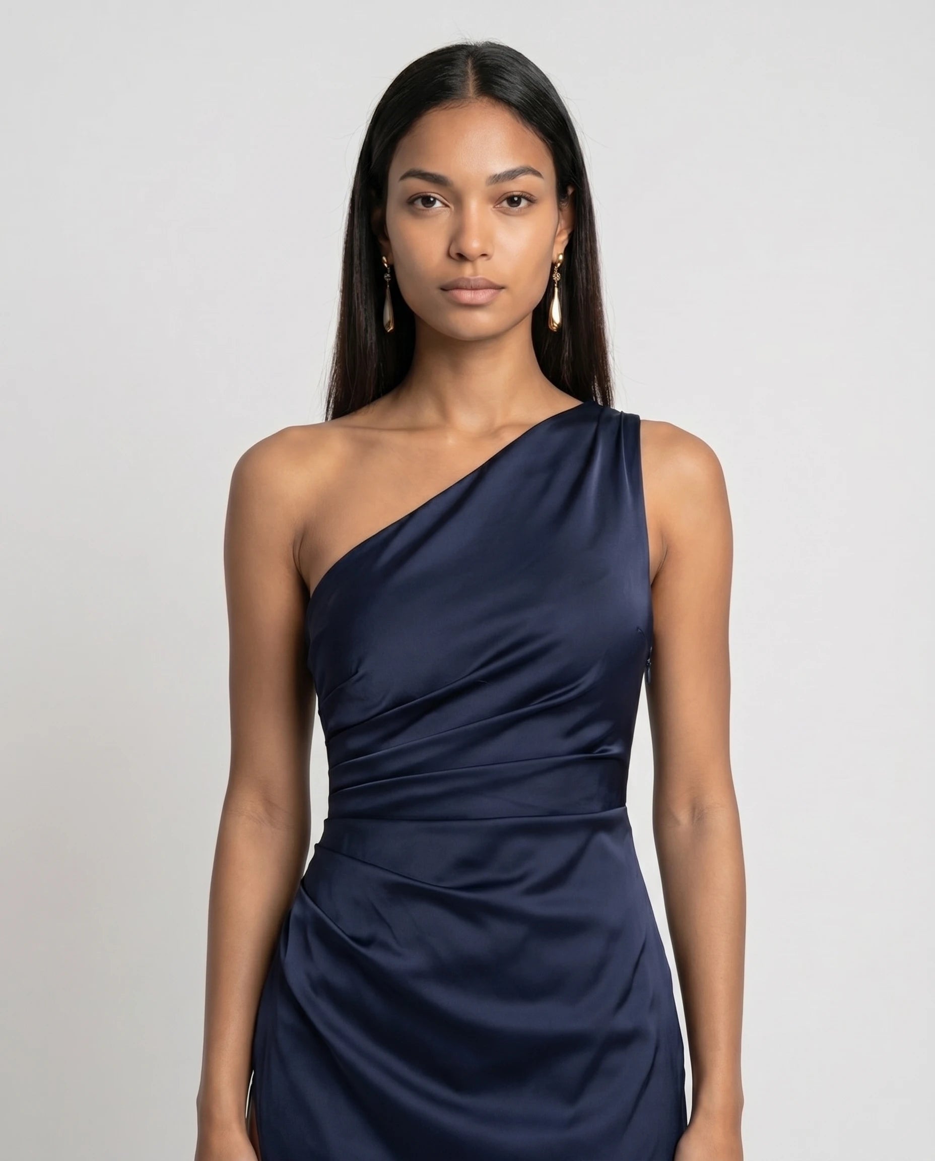 Robe longue en satin une epaule - Bleu Marine - Ines
