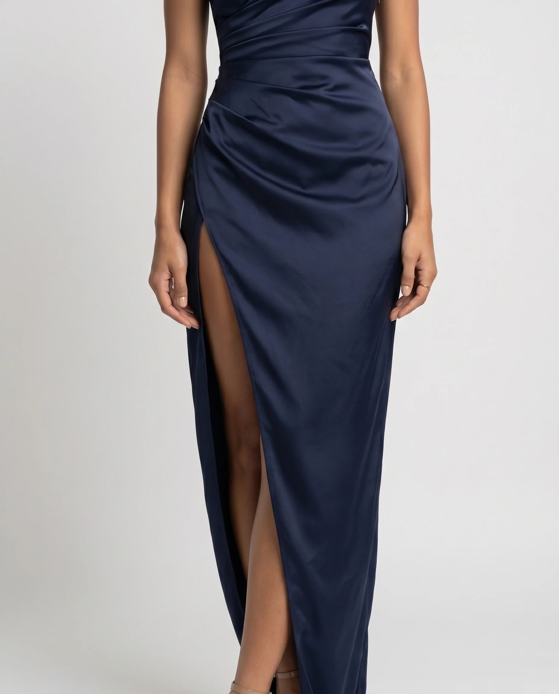 Robe longue en satin une epaule - Bleu Marine - Ines