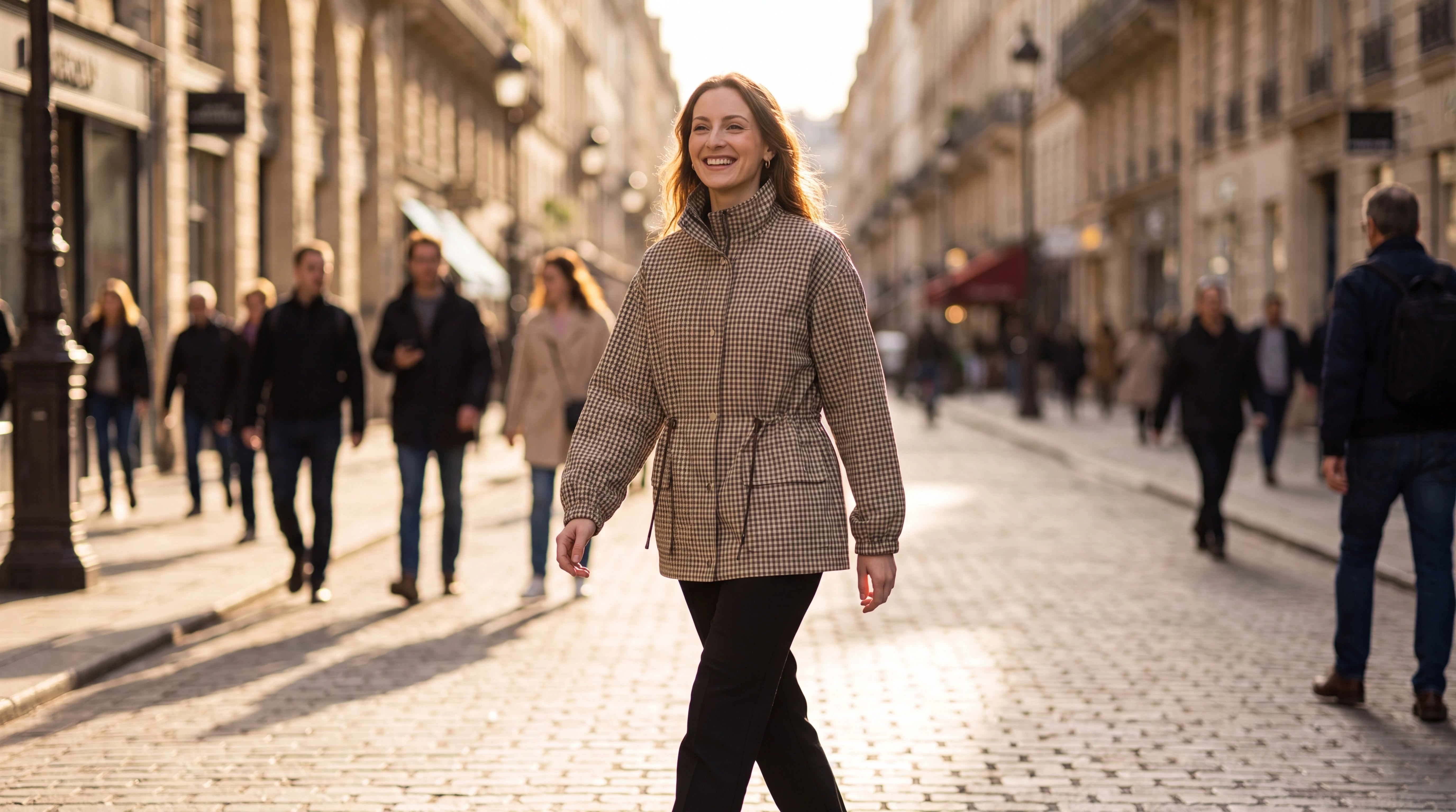 Zolena, l'élégance à la française — veste à carreaux camel dans une rue parisienne au soleil