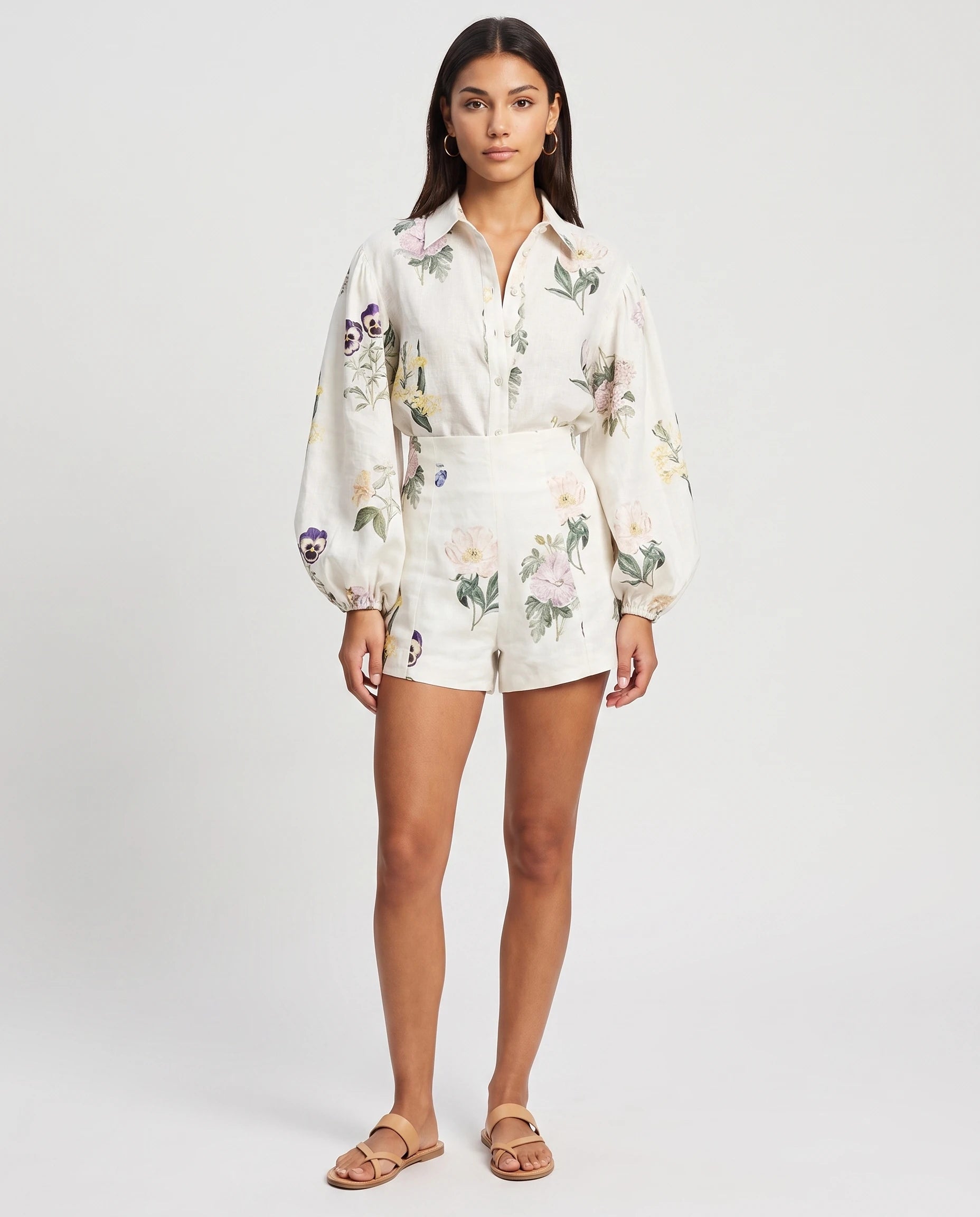 Ensemble chemise manches ballon et short fleuri — Paloma — Écru — vue studio