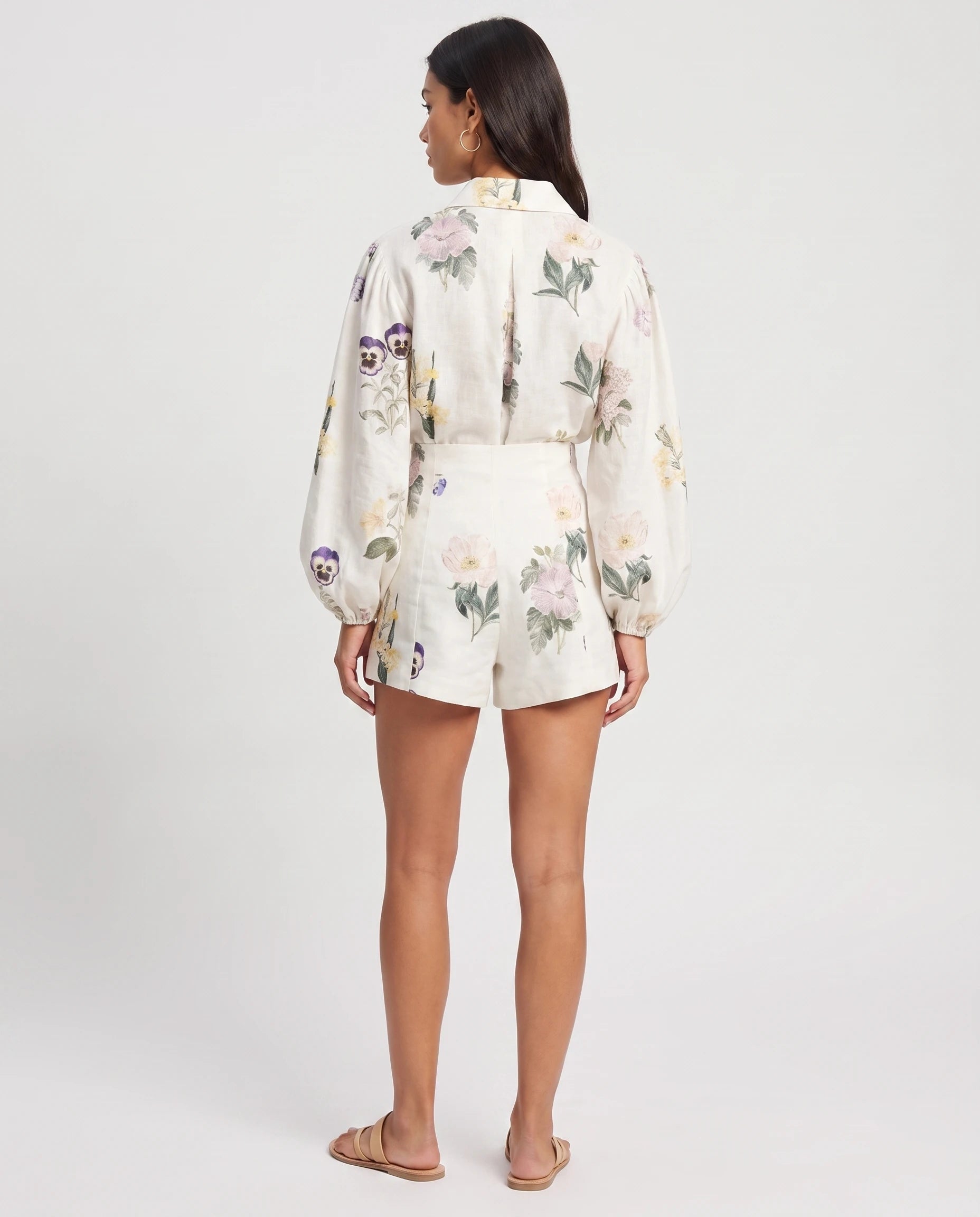 Ensemble chemise manches ballon et short fleuri — Paloma — Écru — vue de dos