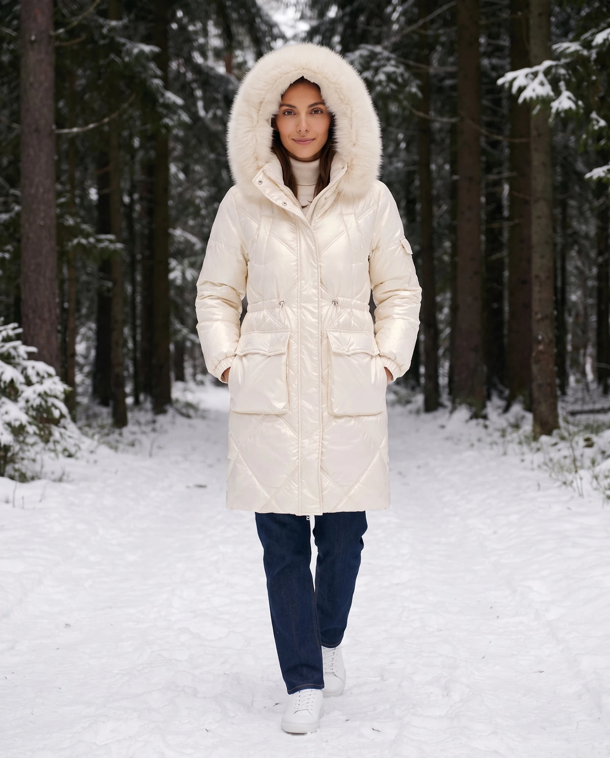 Parka mi-longue brillante à capuche fausse fourrure Vanessa en Blanc Cassé, portée sur un chemin forestier enneigé, capuche relevée
