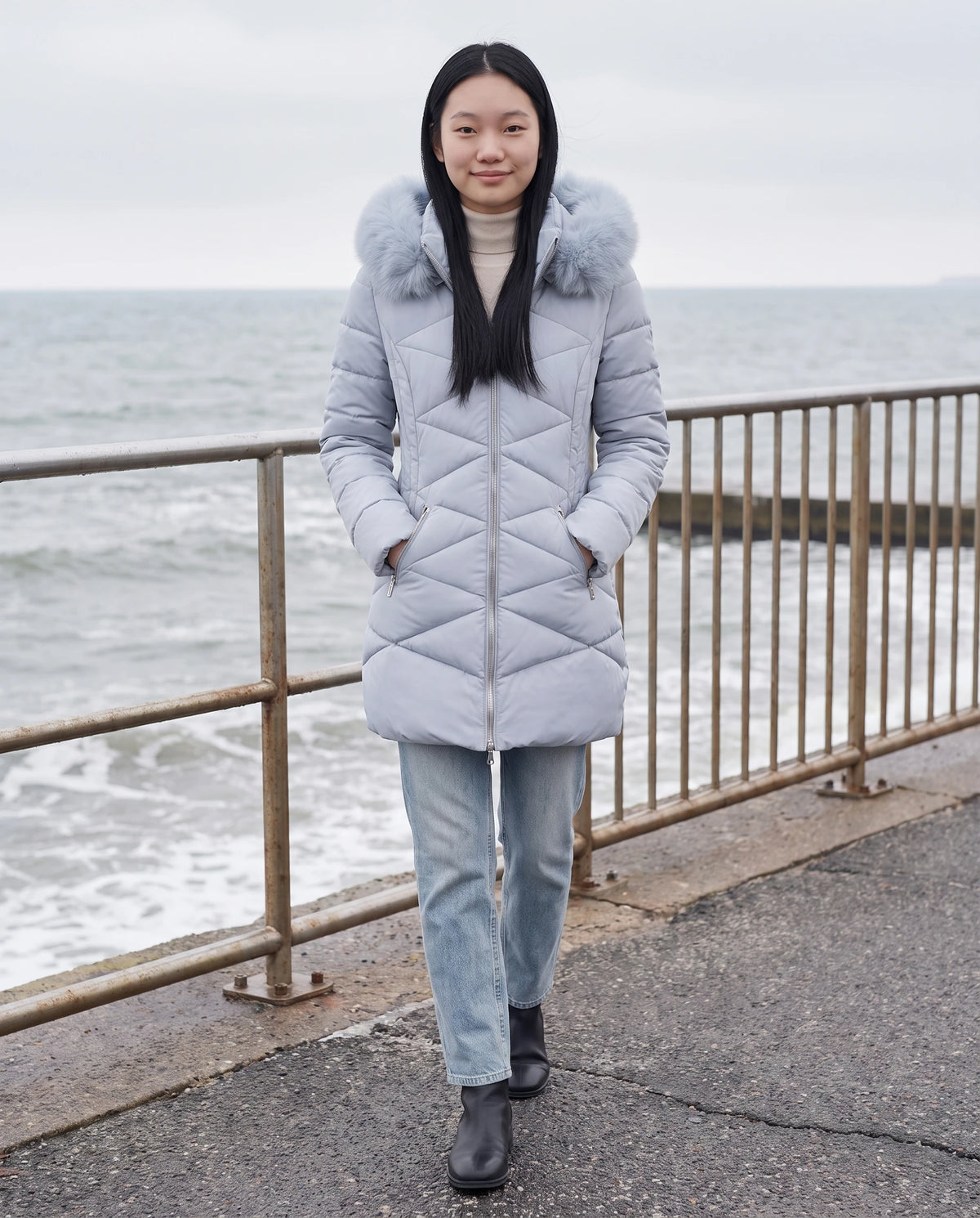 Parka mi-longue cintrée à capuche fausse fourrure Paola en Bleu Gris, portée sur une promenade de bord de mer en hiver