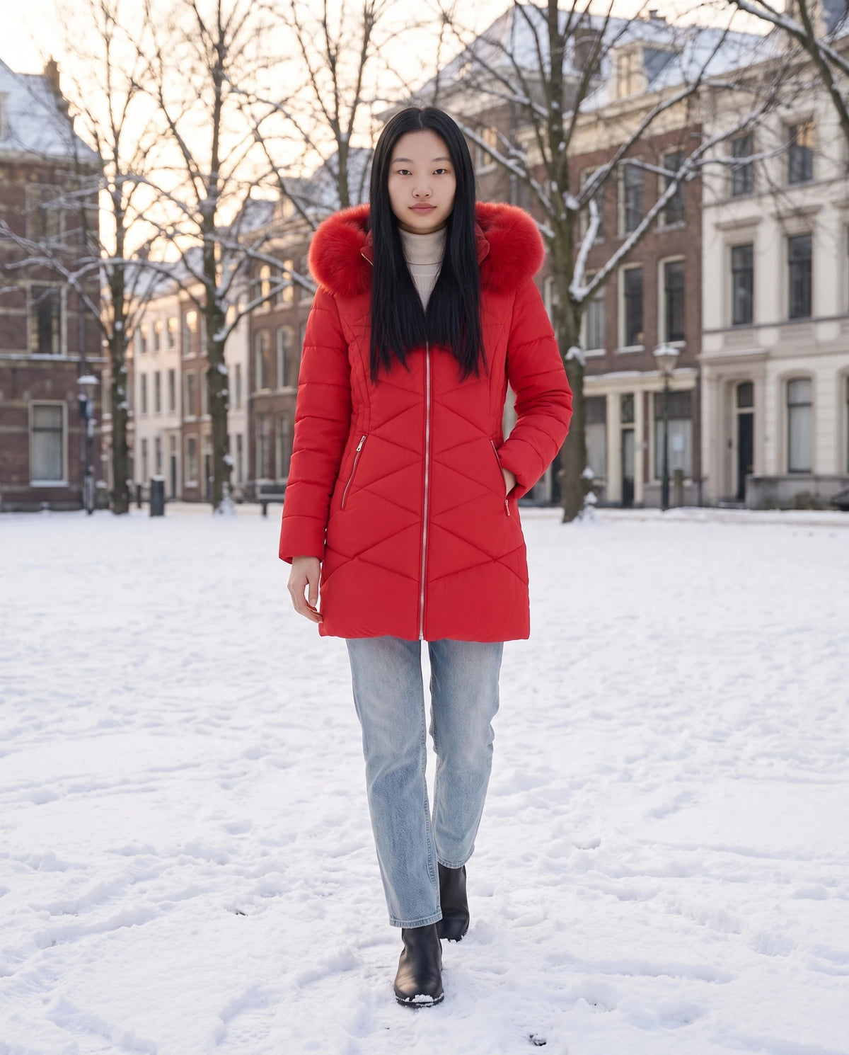 Parka mi-longue cintrée à capuche fausse fourrure Paola en Rouge, portée sur une place enneigée au petit matin