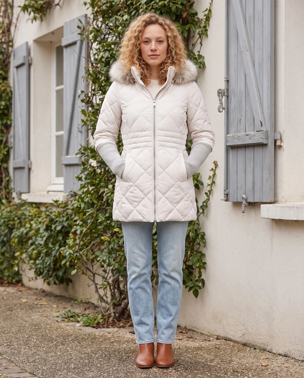 Parka mi-longue matelassée à manches tricot Ava en Blanc, portée devant une façade claire aux volets gris