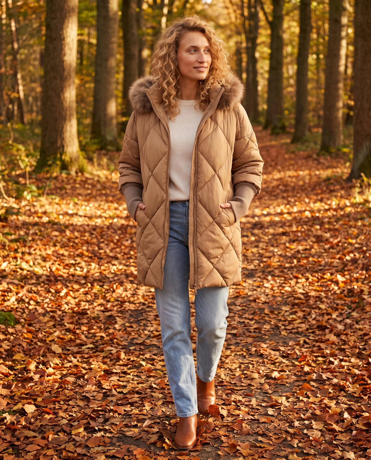 Parka mi-longue matelassée à manches tricot Ava en Camel, portée sur un chemin forestier d'automne