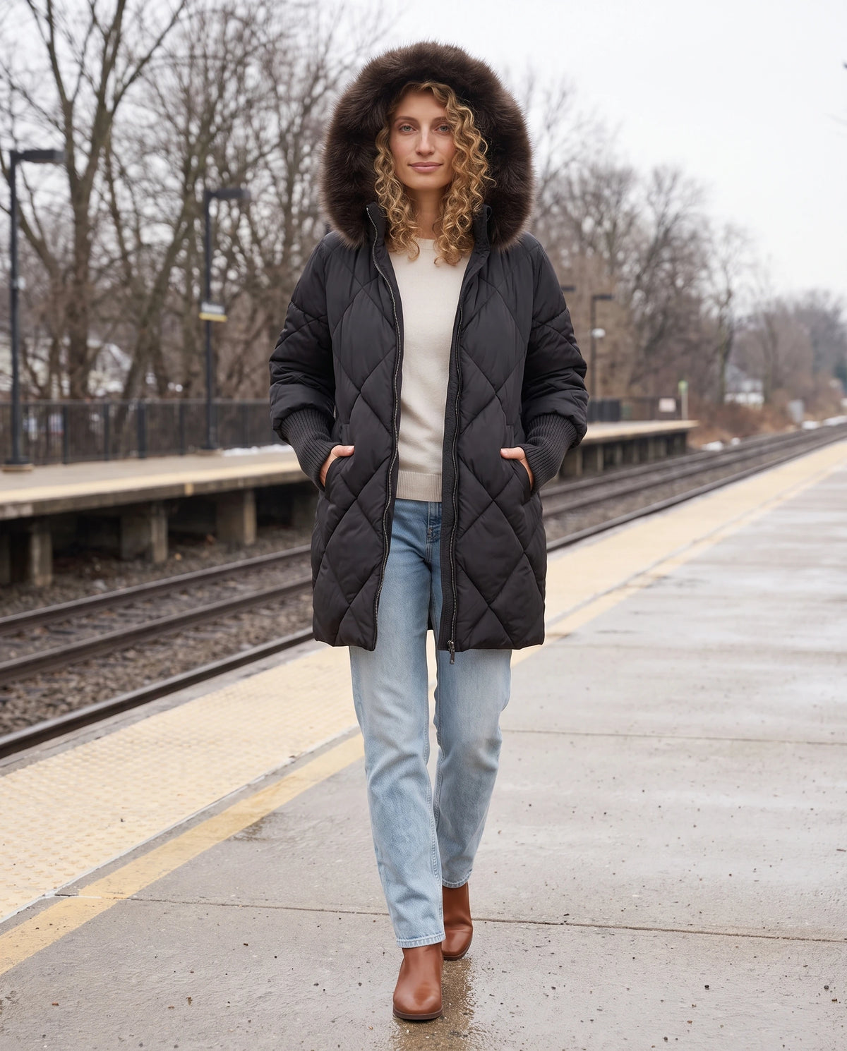Parka mi-longue matelassée à manches tricot Ava en Noir, portée sur un quai de gare de banlieue sans affiche, capuche relevée
