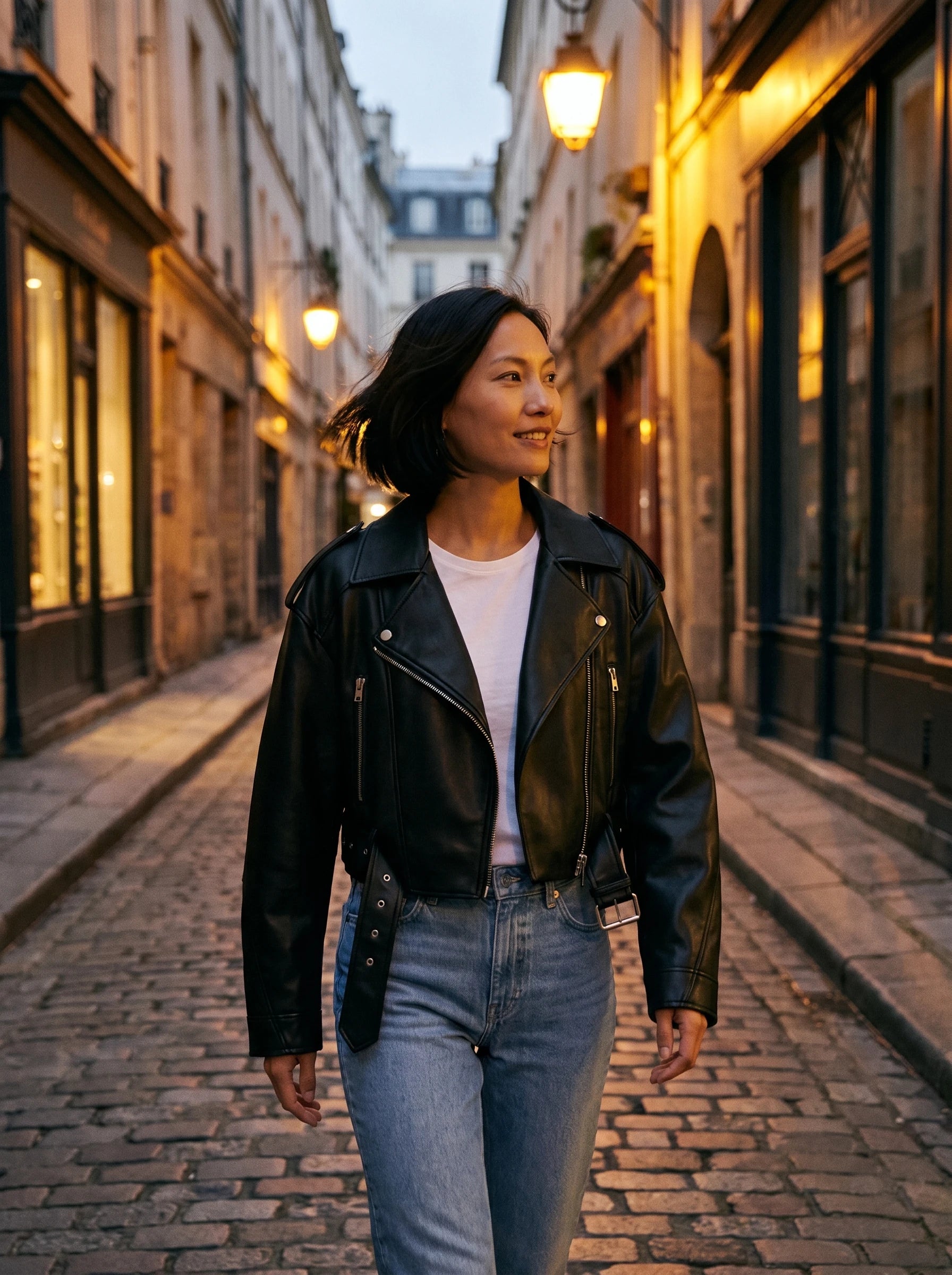 Perfecto simili noir Nadège, porté dans une ruelle pavée au crépuscule
