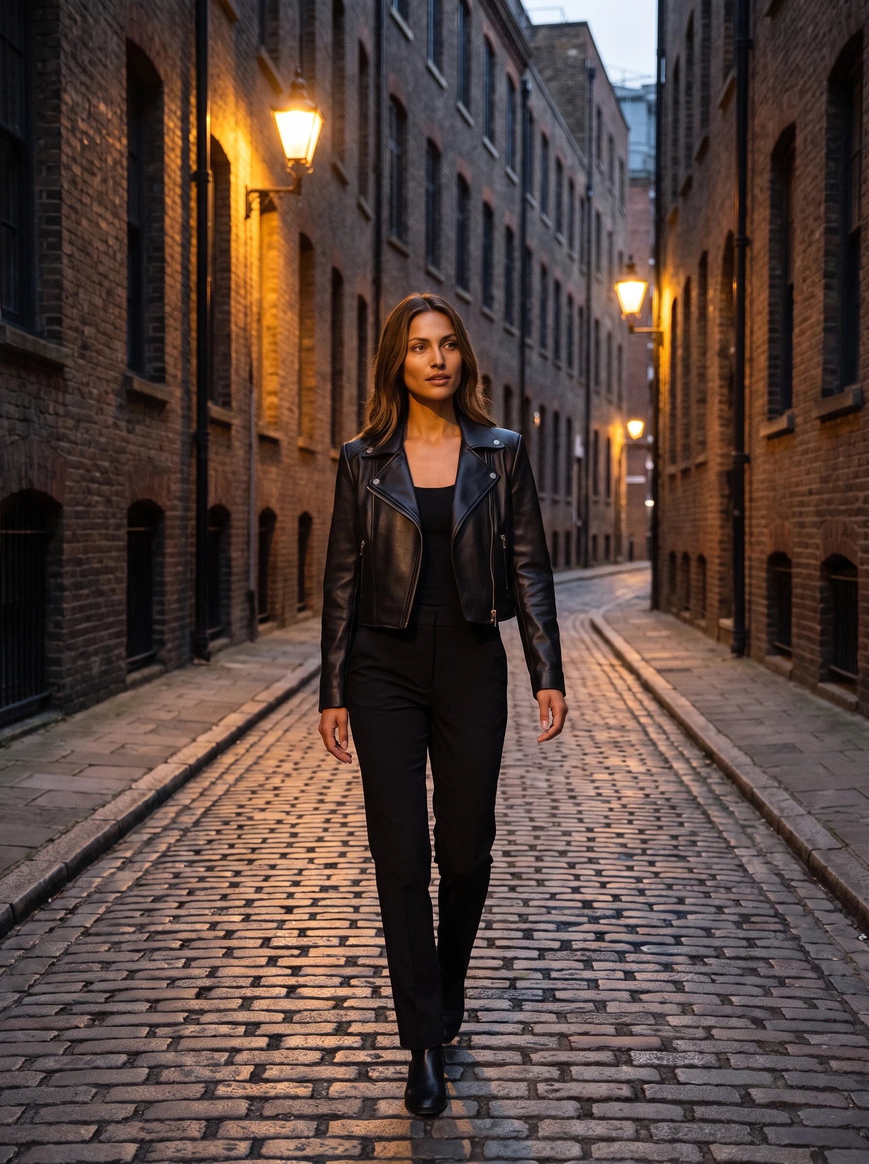 Perfecto noir Roberte, porté dans une rue de briques sombres au crépuscule
