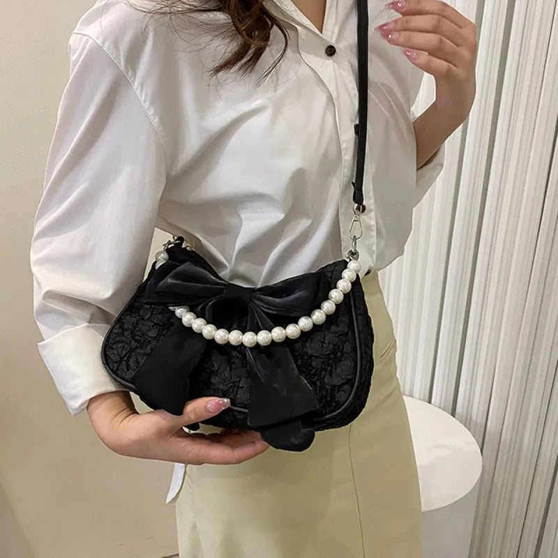 Petit sac à main bandoulière hobo en coton avec anse en perle et noeud décoratif Camille