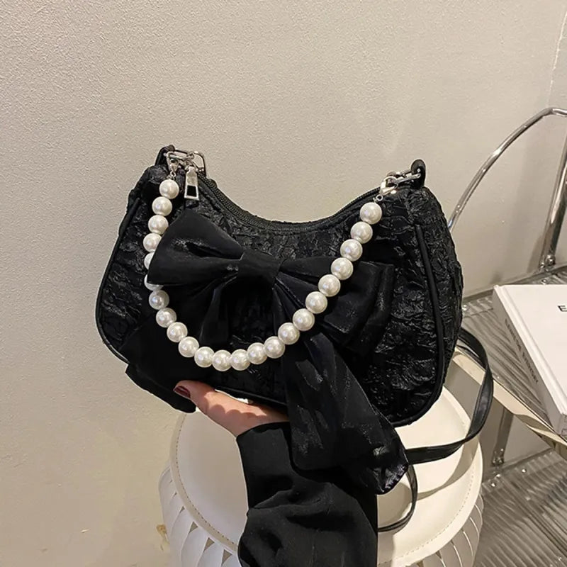 Petit sac à main bandoulière hobo en coton avec anse en perle et noeud décoratif Camille