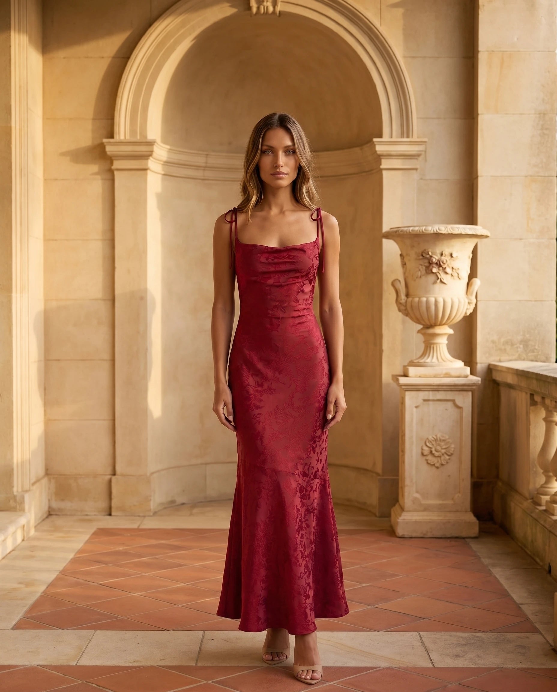Robe longue rouge cérémonie extérieur arche pierre