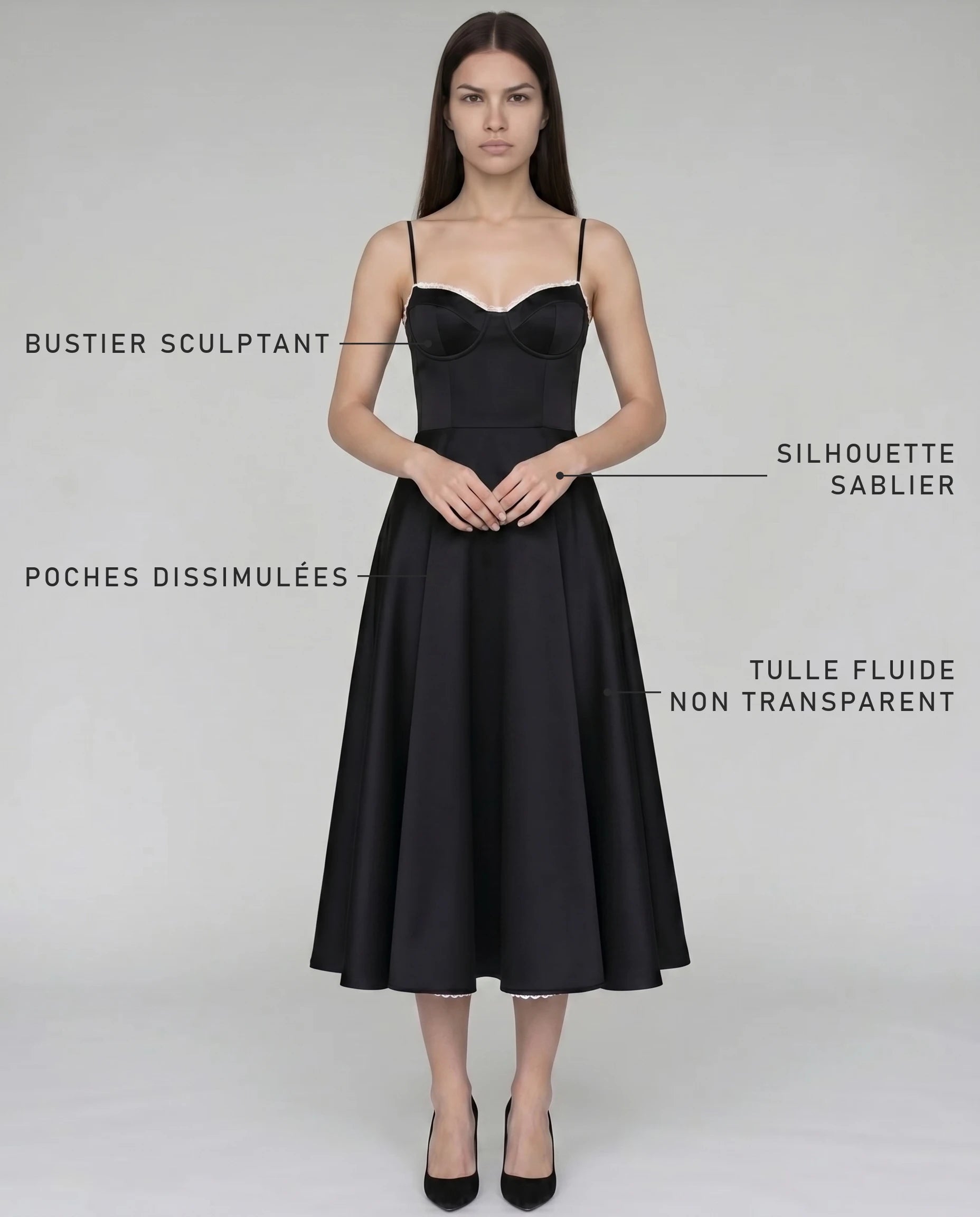 Robe Corset Tulle Céleste Noir — bénéfices : bustier sculptant, silhouette sablier, poches dissimulées, tulle non transparent
