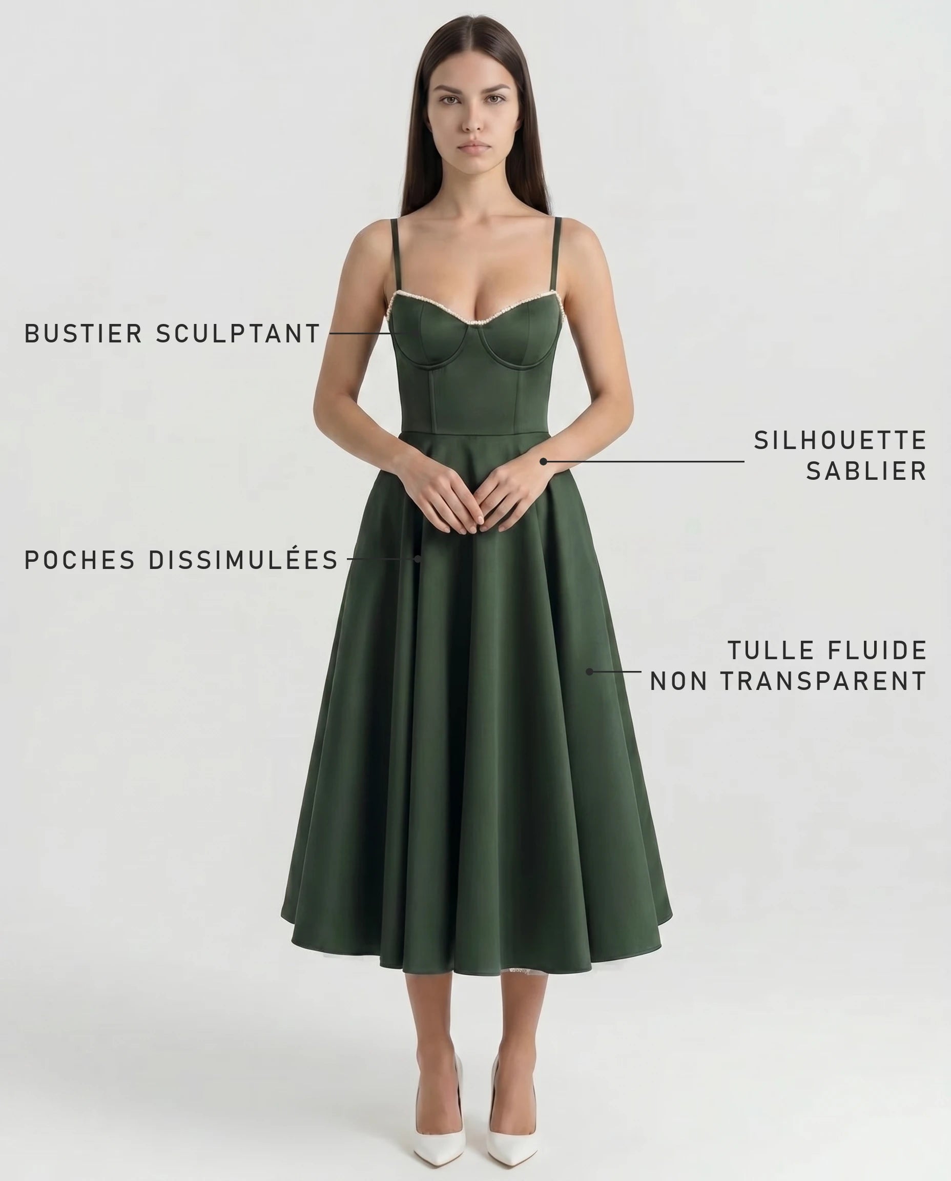 Robe Corset Tulle Céleste Vert Forêt — bénéfices : bustier sculptant, silhouette sablier, poches dissimulées, tulle non transparent