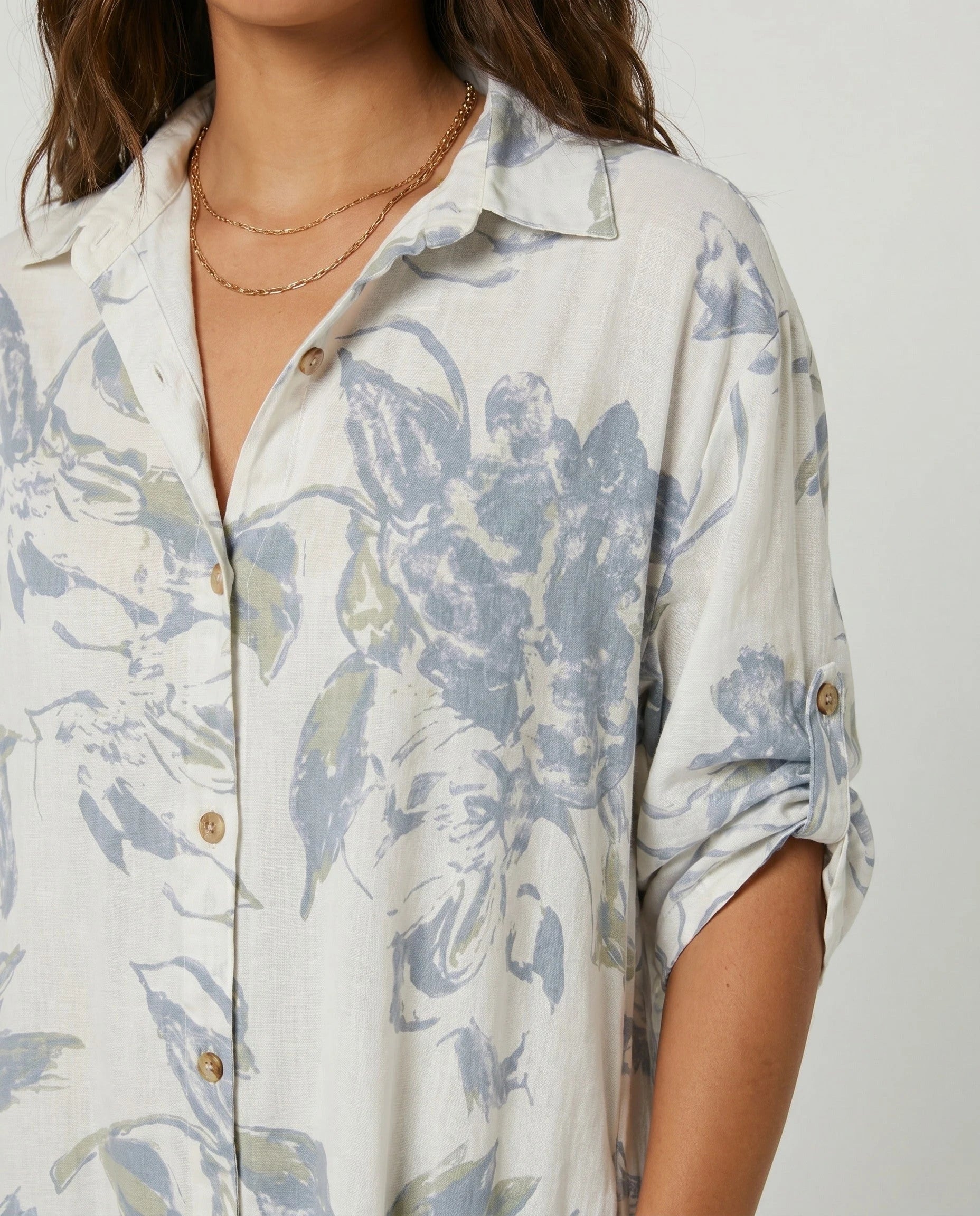 Détail du col chemise et de l''imprimé floral de la robe Manon