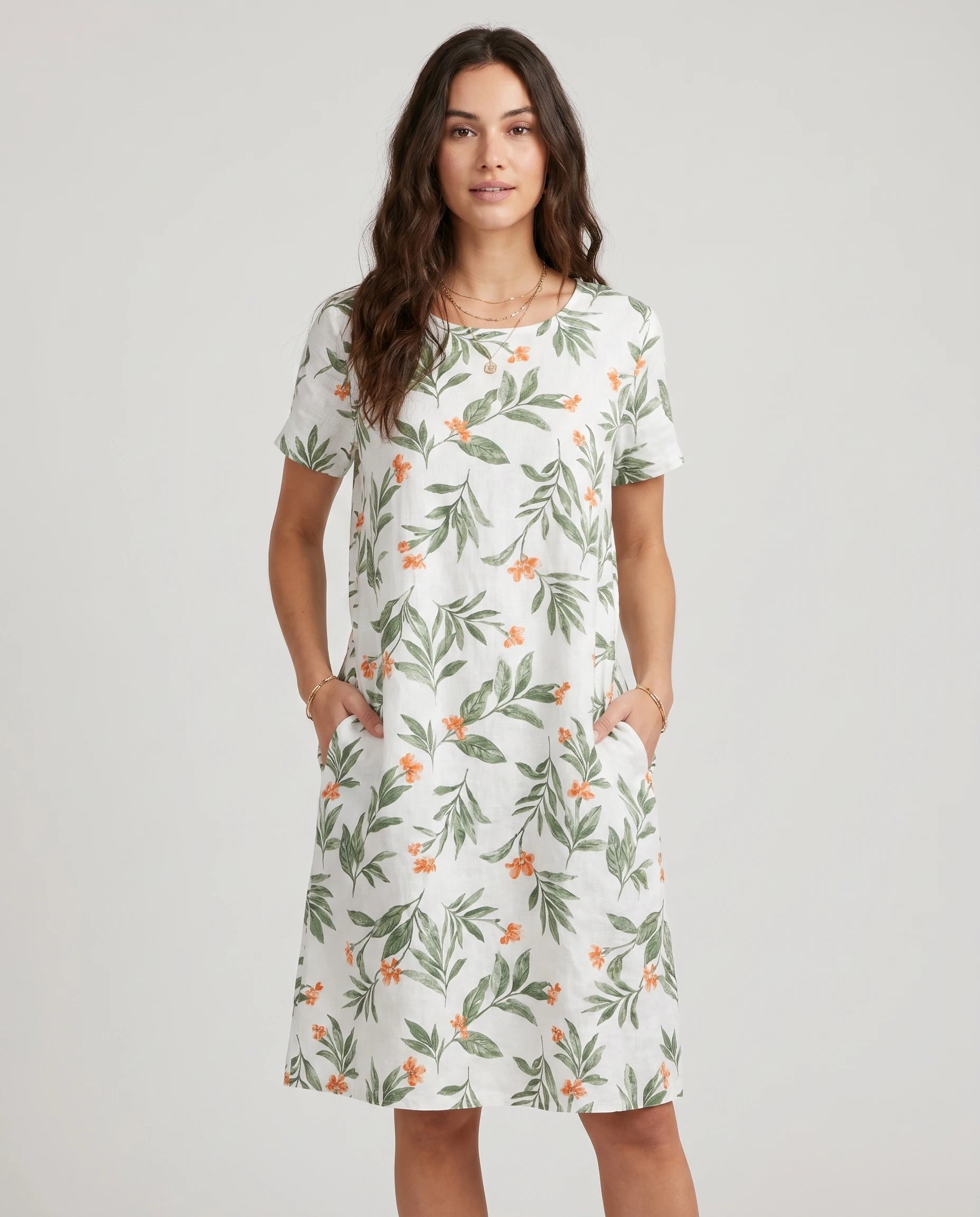 Robe courte imprimé botanique — coloris Blanc Vert — vue studio