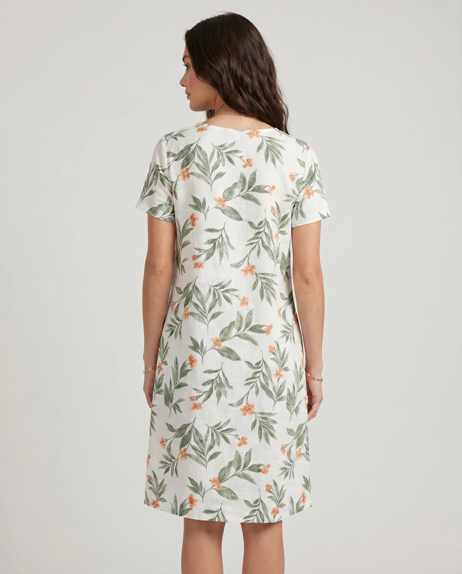 Robe courte imprimé botanique — coloris Blanc Vert — vue de dos studio
