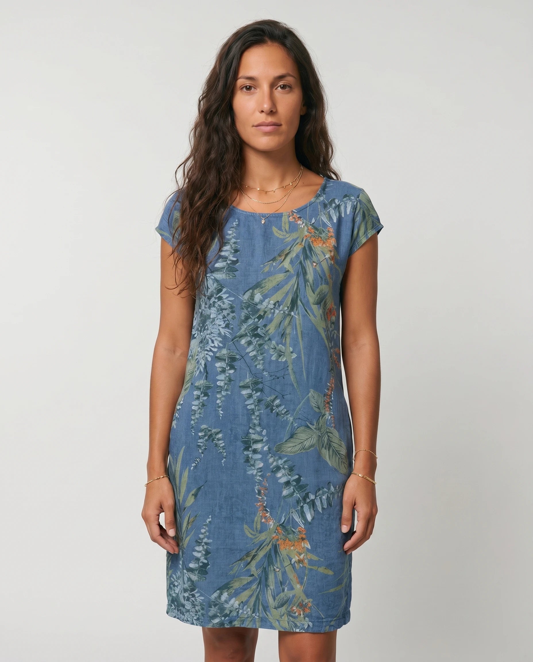Robe courte imprimé botanique — coloris Bleu — vue studio