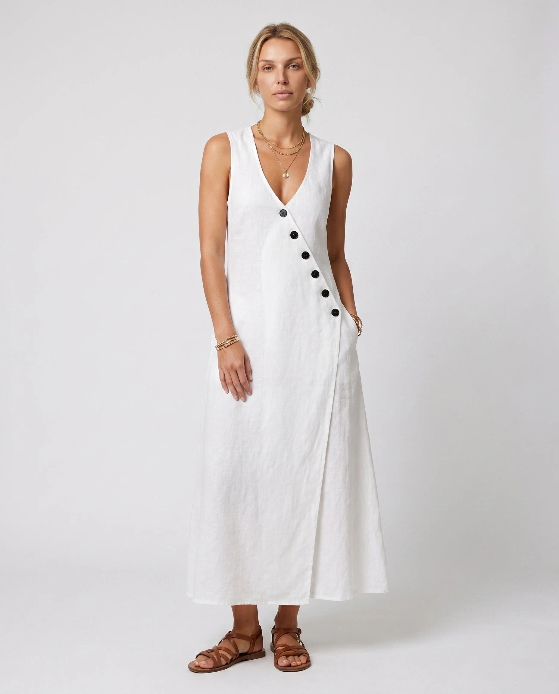 Robe longue portefeuille en lin Suzanne coloris Blanc