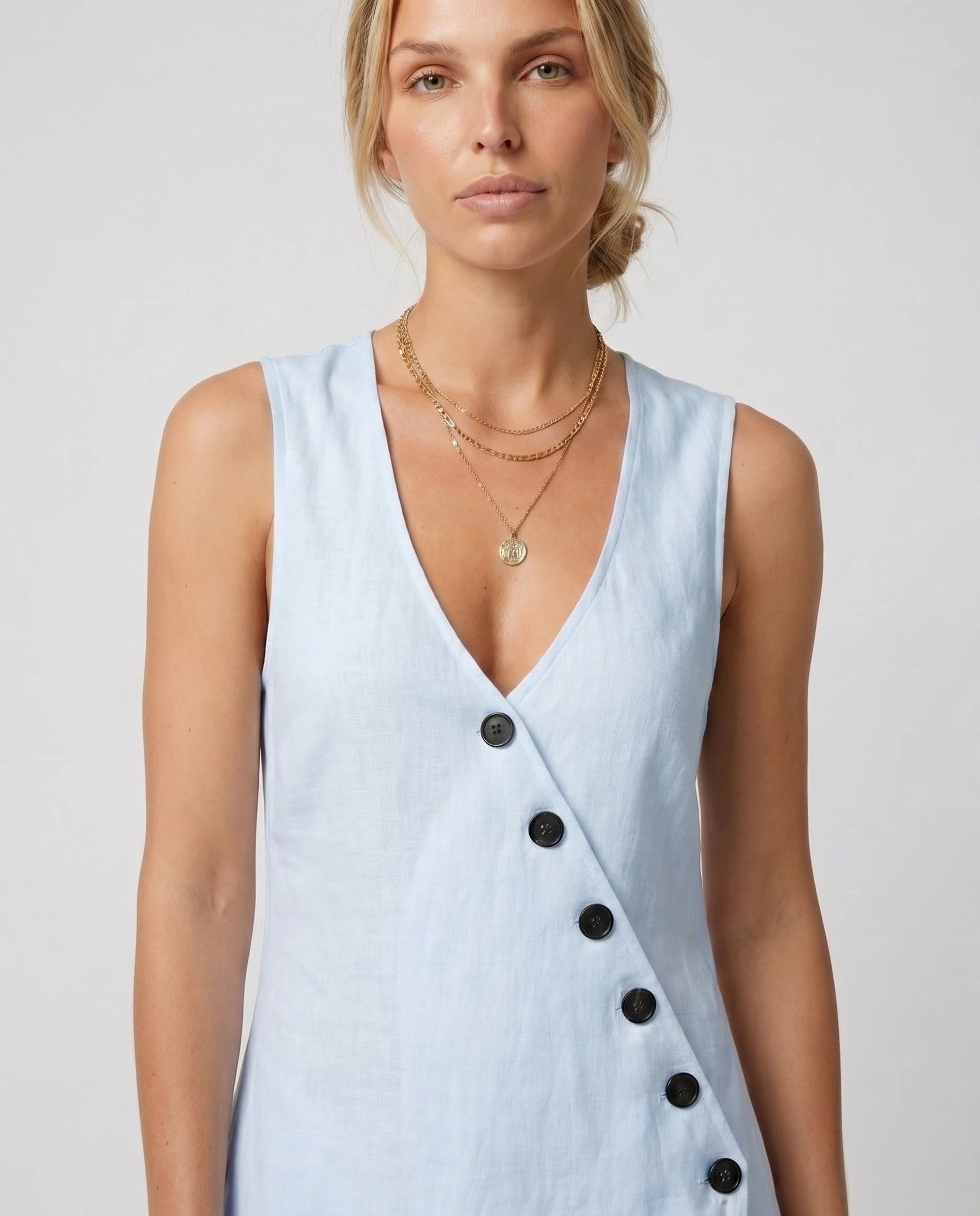 Robe longue portefeuille en lin Suzanne coloris Bleu Ciel
