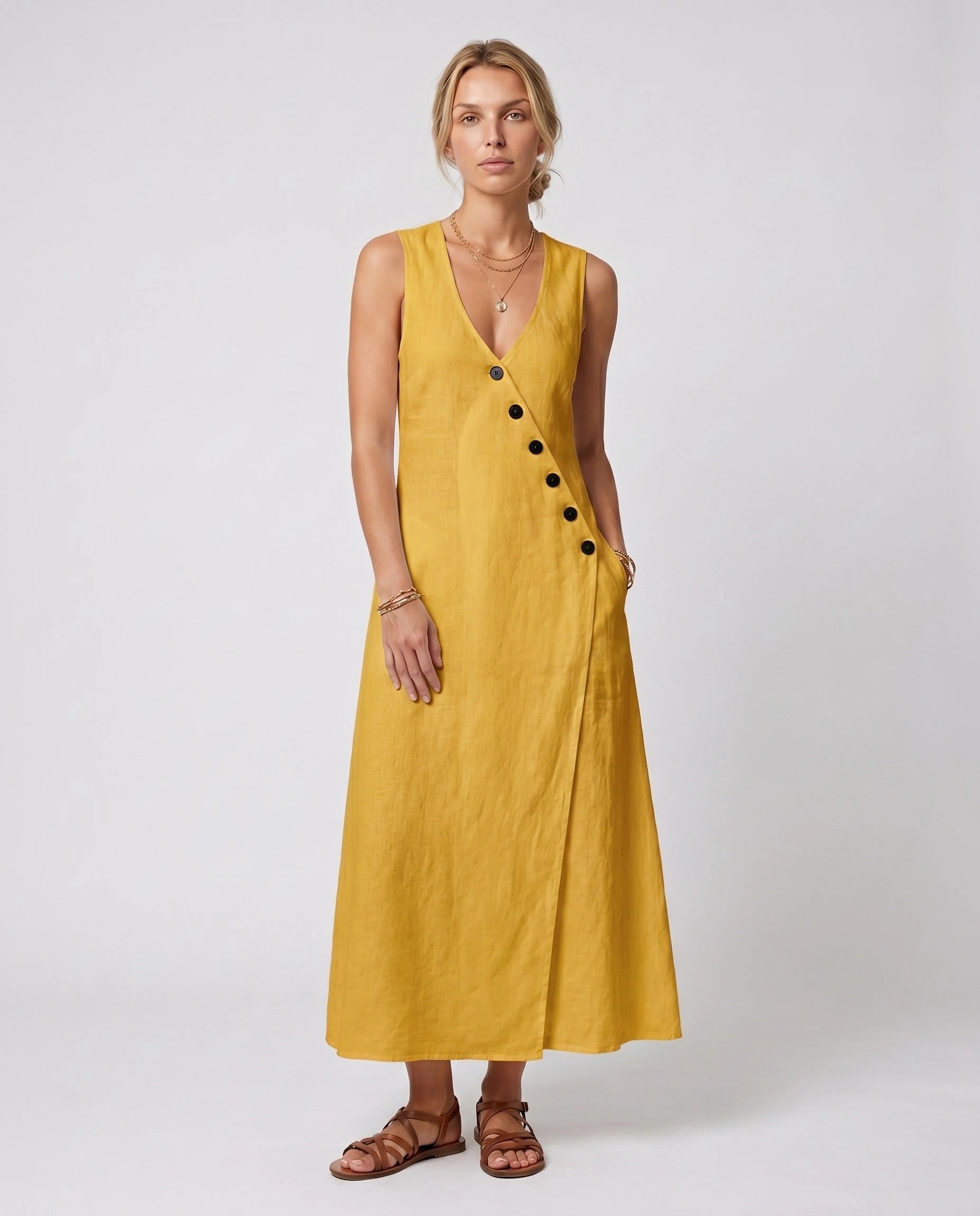 Robe longue portefeuille en lin Suzanne coloris Jaune