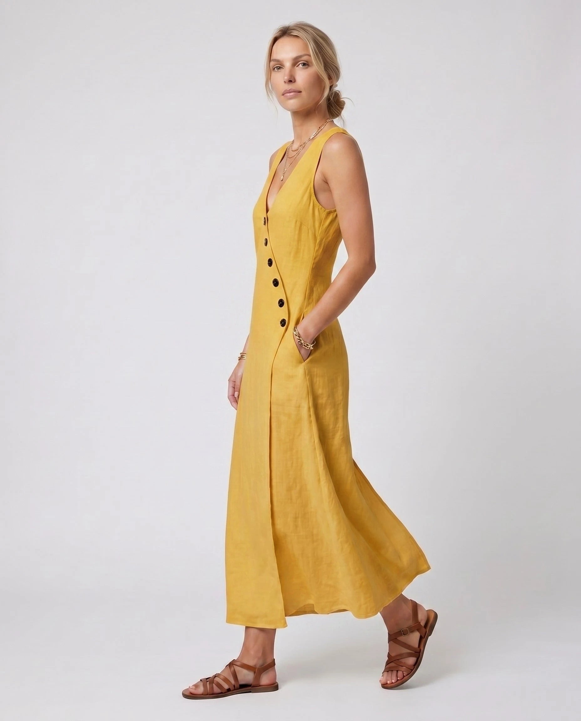 Robe longue portefeuille en lin Suzanne coloris Jaune