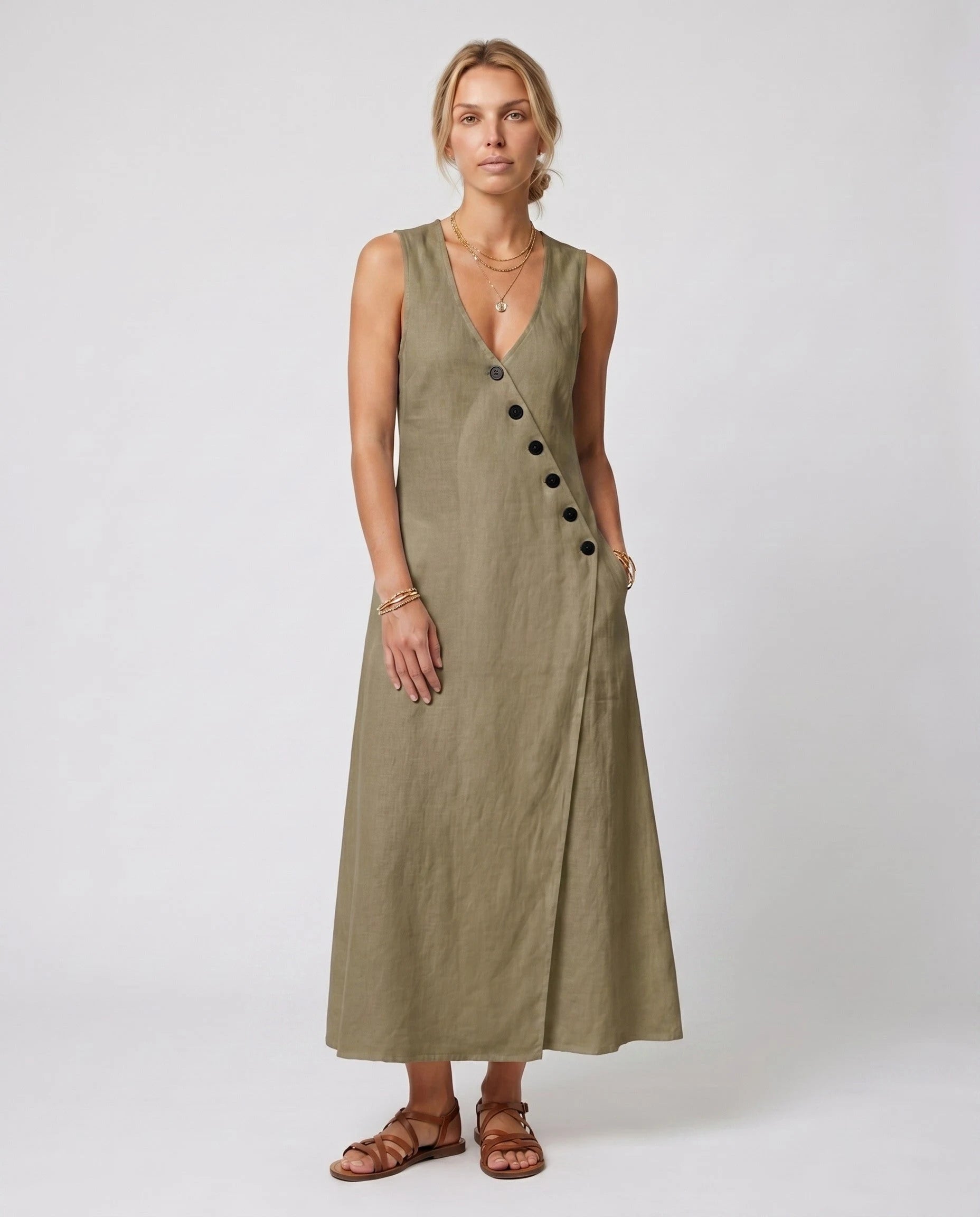 Robe longue portefeuille en lin Suzanne coloris Kaki