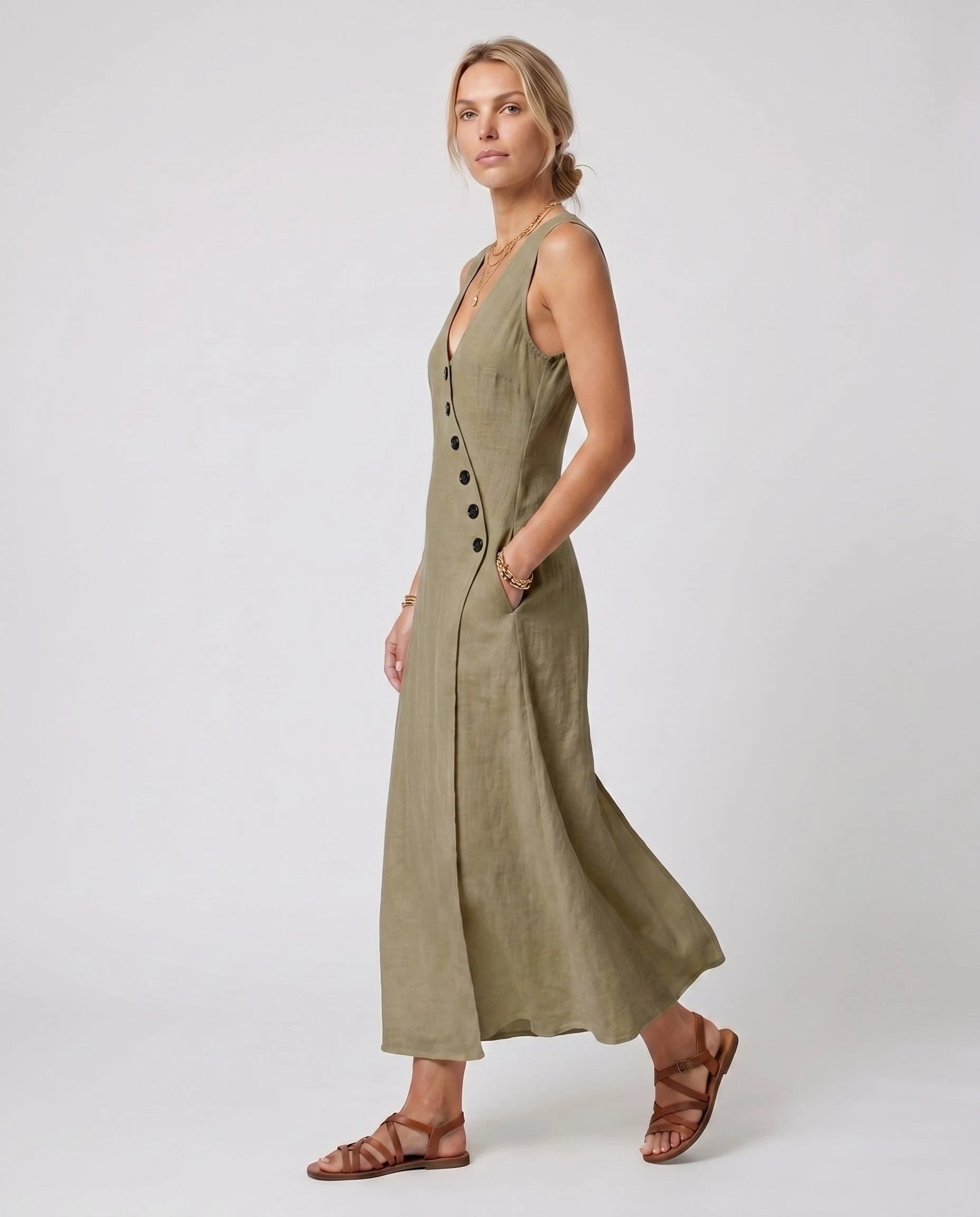Robe longue portefeuille en lin Suzanne coloris Kaki
