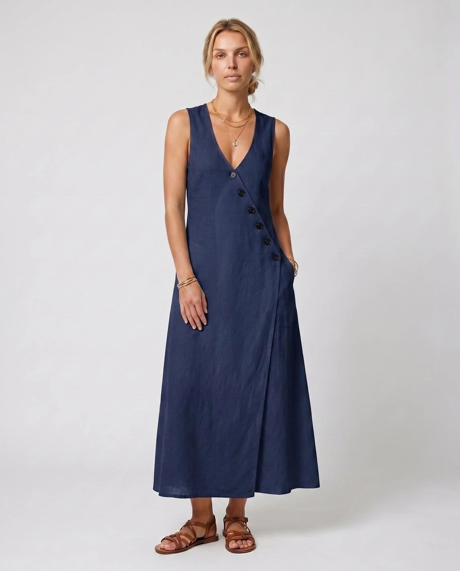 Robe longue portefeuille en lin Suzanne coloris Bleu Marine