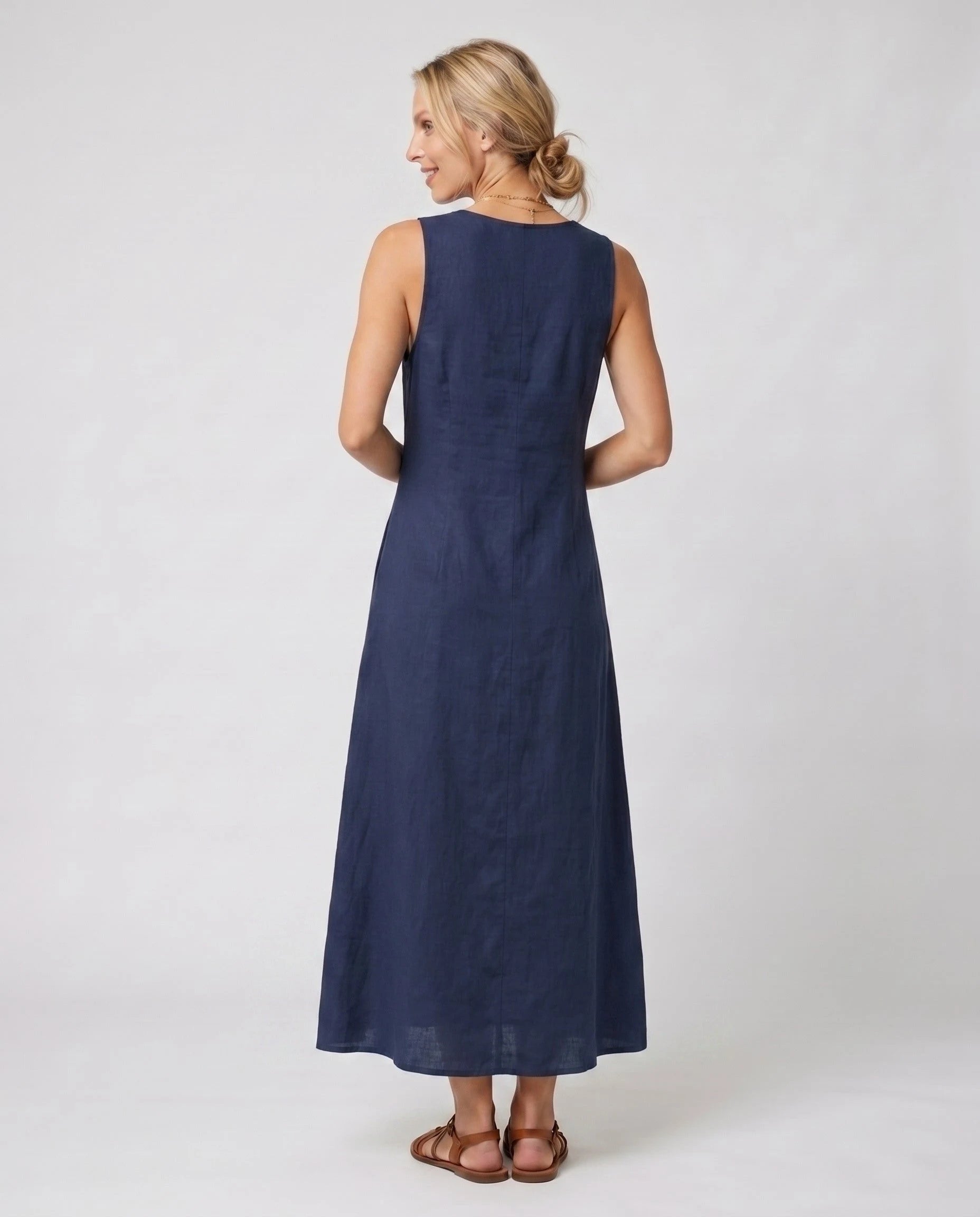 Robe longue portefeuille en lin Suzanne coloris Bleu Marine