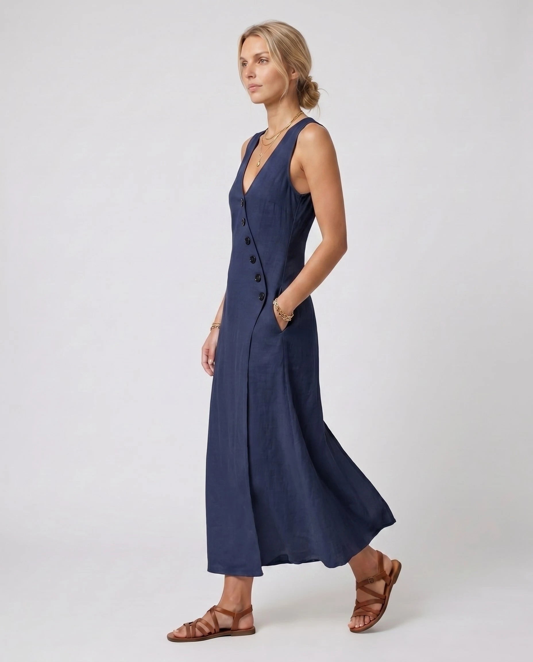 Robe longue portefeuille en lin Suzanne coloris Bleu Marine