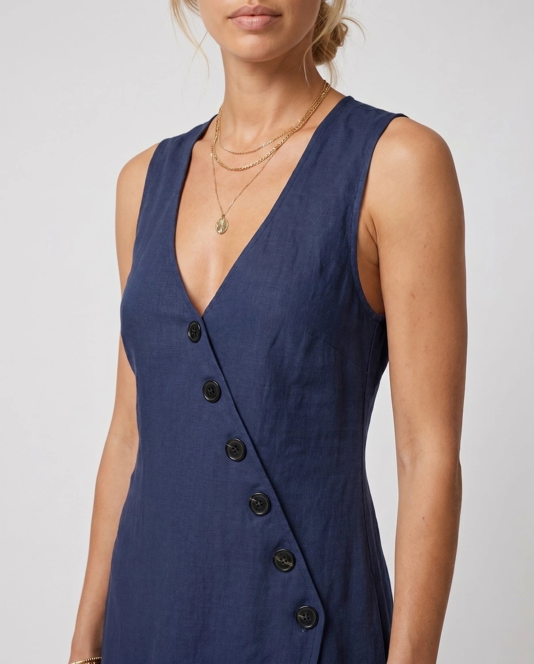 Robe longue portefeuille en lin Suzanne coloris Bleu Marine