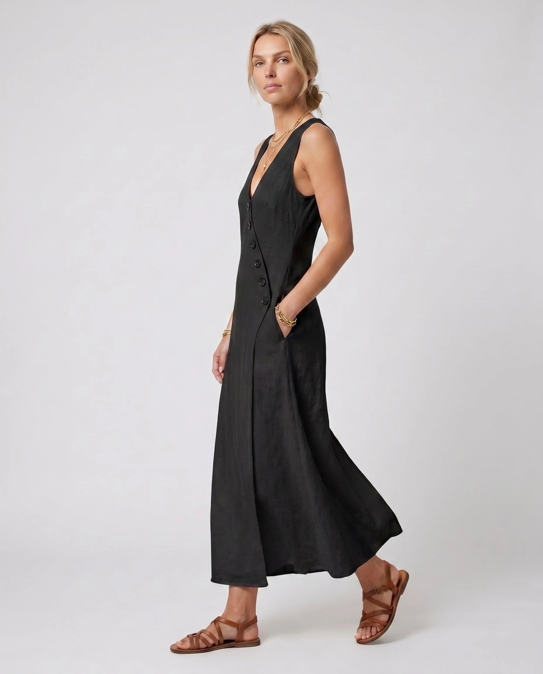 Robe longue portefeuille en lin Suzanne coloris Noir