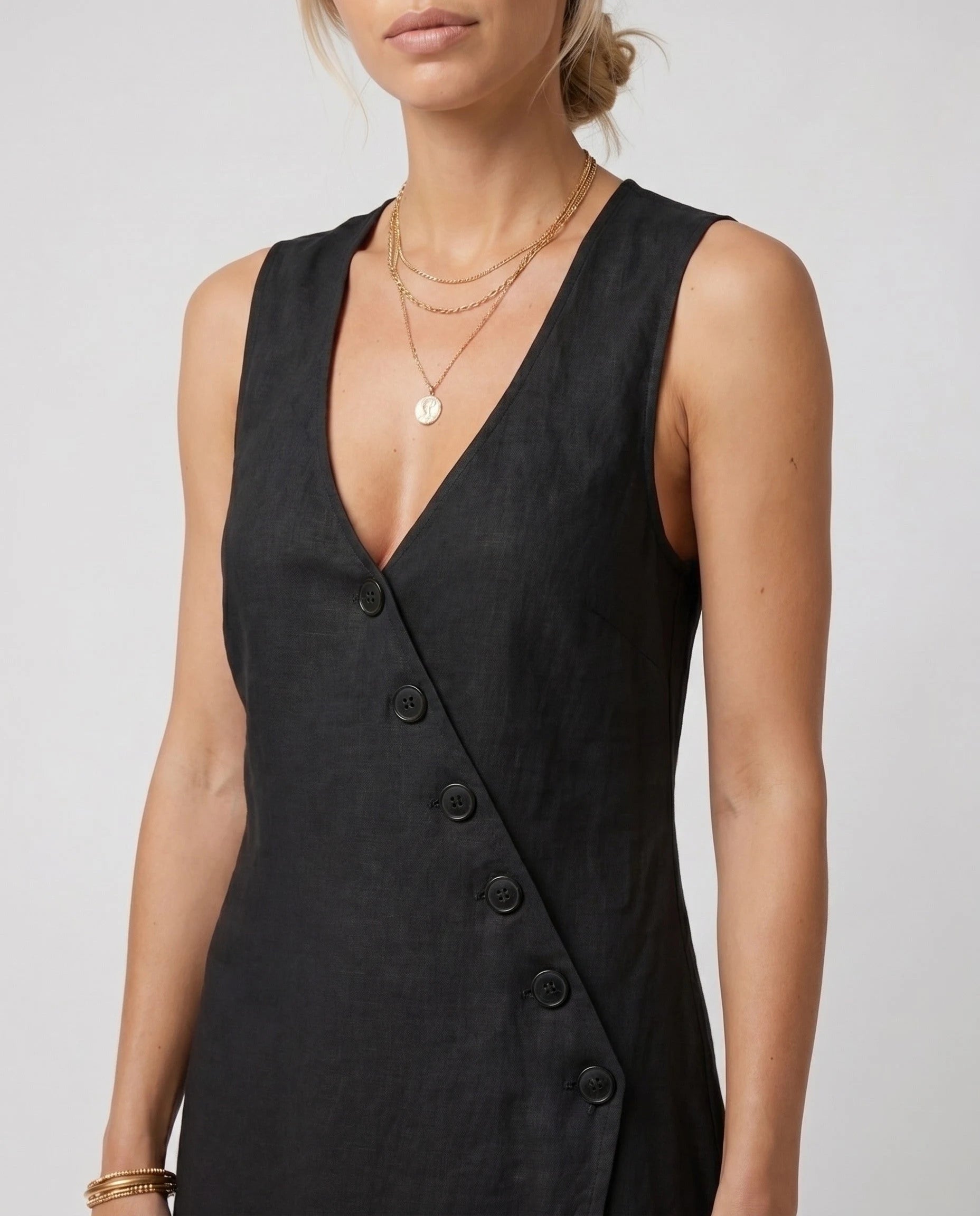 Robe longue portefeuille en lin Suzanne coloris Noir