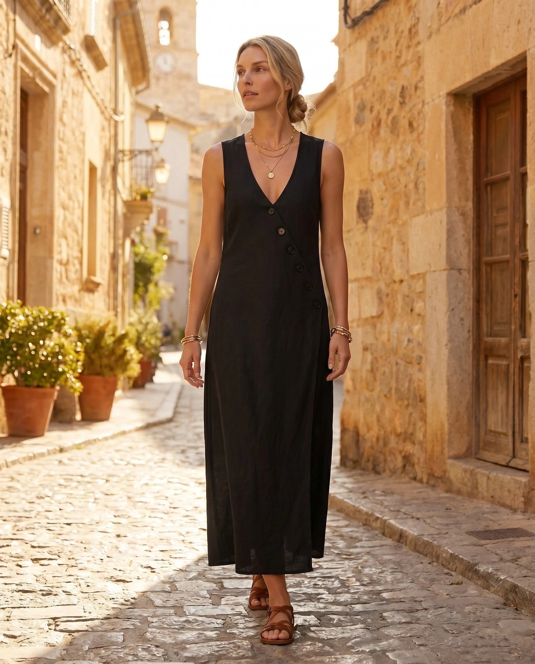Robe longue portefeuille en lin Suzanne coloris Noir